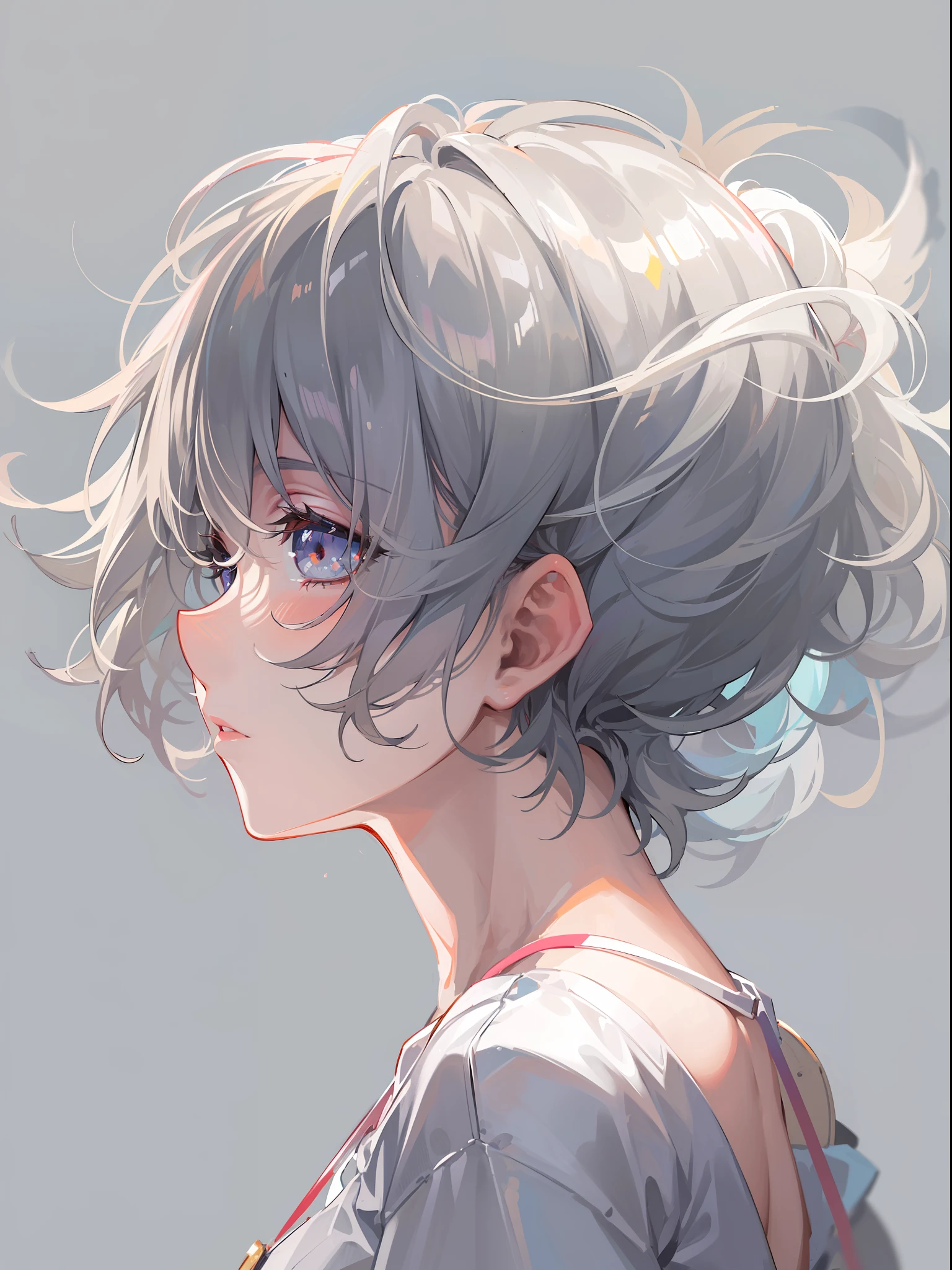 (((Masterpiece))),(((Best quality))),(((Amazing detail))),((illustration)),((A high resolution)),((8K)),((Anatomically correct)),cheveux gris courts,Delicate hair,Cool,angle of view,Anime,Depth of field,,Soft light,From above,Lens flare,pensive,serious,grey background,No background