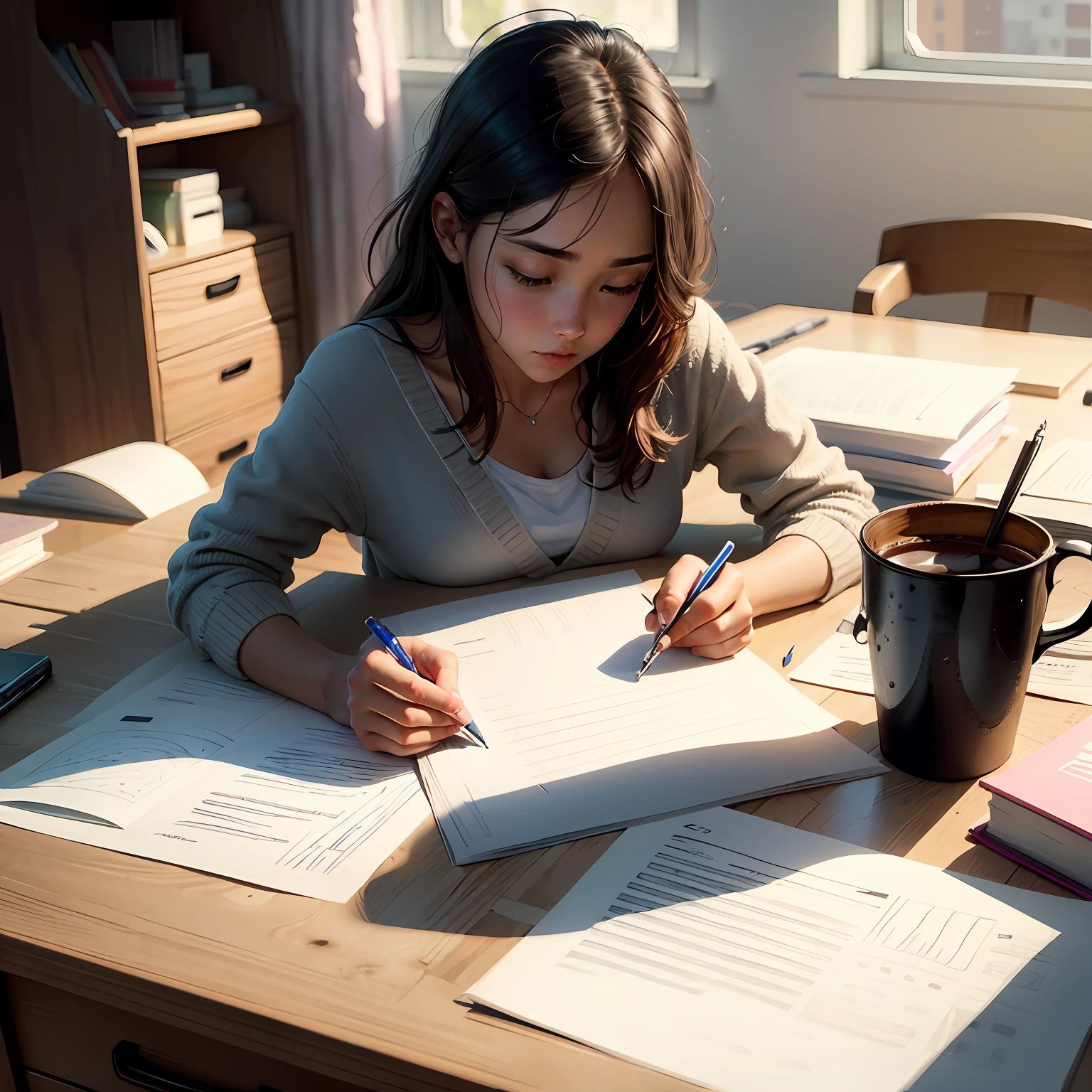 a pregirl，Foto realism，Study at your desk，There is a large number of study materials on the desk，Very messy，Only the back is visible --auto