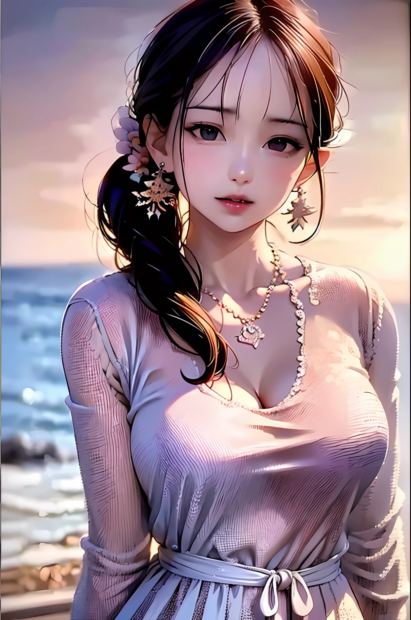 An extremely delicate and beautiful work,Masterpiece 1 girl,Highly detailed, waist leaking, Ponytail Contortion, Enchanted expression, beautiful and clear eyes, Delicate necklace, Delicate earrings, fairy ears, Simple blurred background, Extreme detail description, Beautiful, Charming, Ultra-fine painting, Delicate face, Delicate figure, Fine collarbones, lovely lips, Beautiful breasts, soft behind,mix4,(8K, RAW photo, Best quality, Masterpiece:1.2), (Realistic, photo-realistic:1.37),1girll,Cute,beach, day,Professional lighting, photon maping, Radio City, Physically-based rendering(((nakeness)))