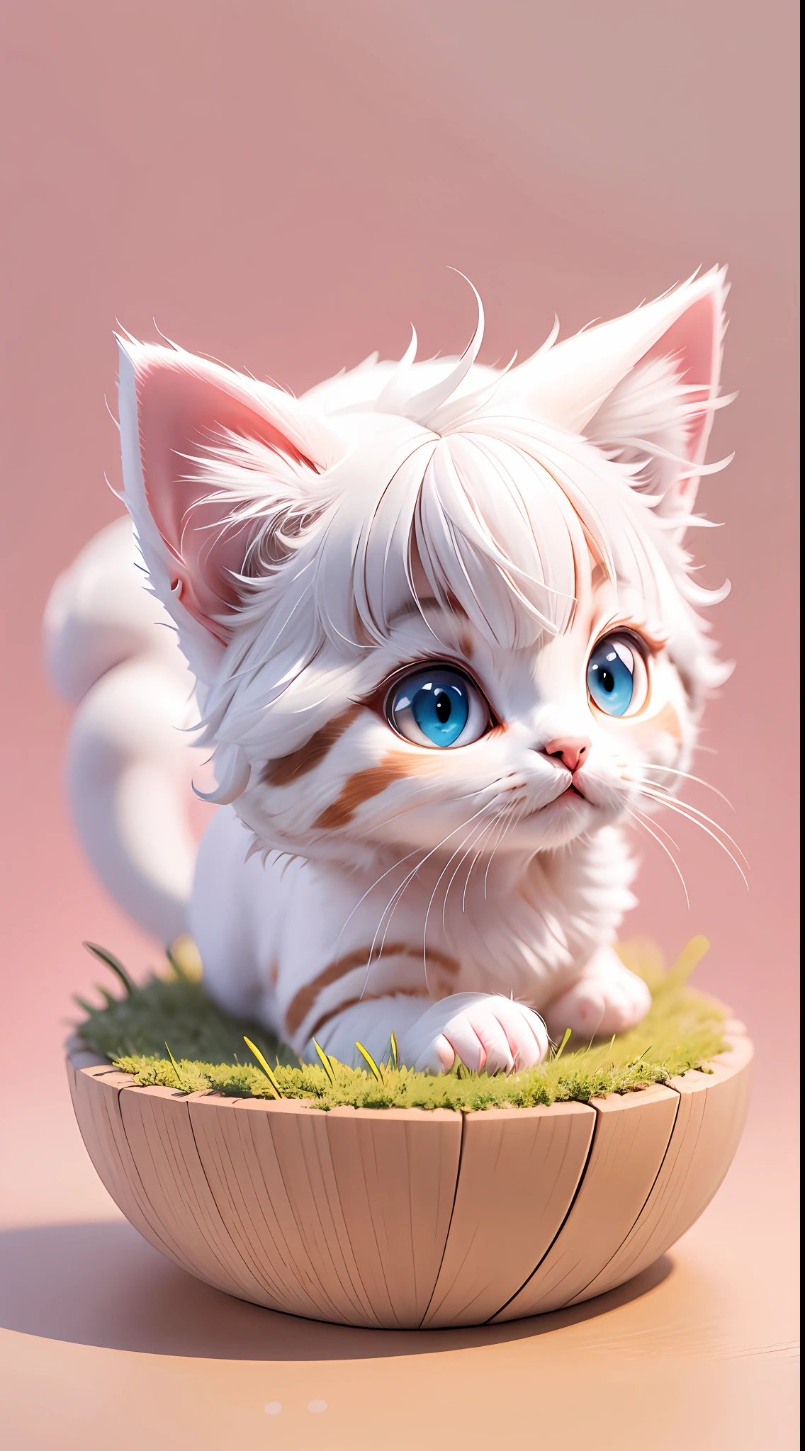 A white-haired kitten，adolable，spherical，afloat，shaggy，Big eyes，Non-human，in pink，Simple，Morandi color system