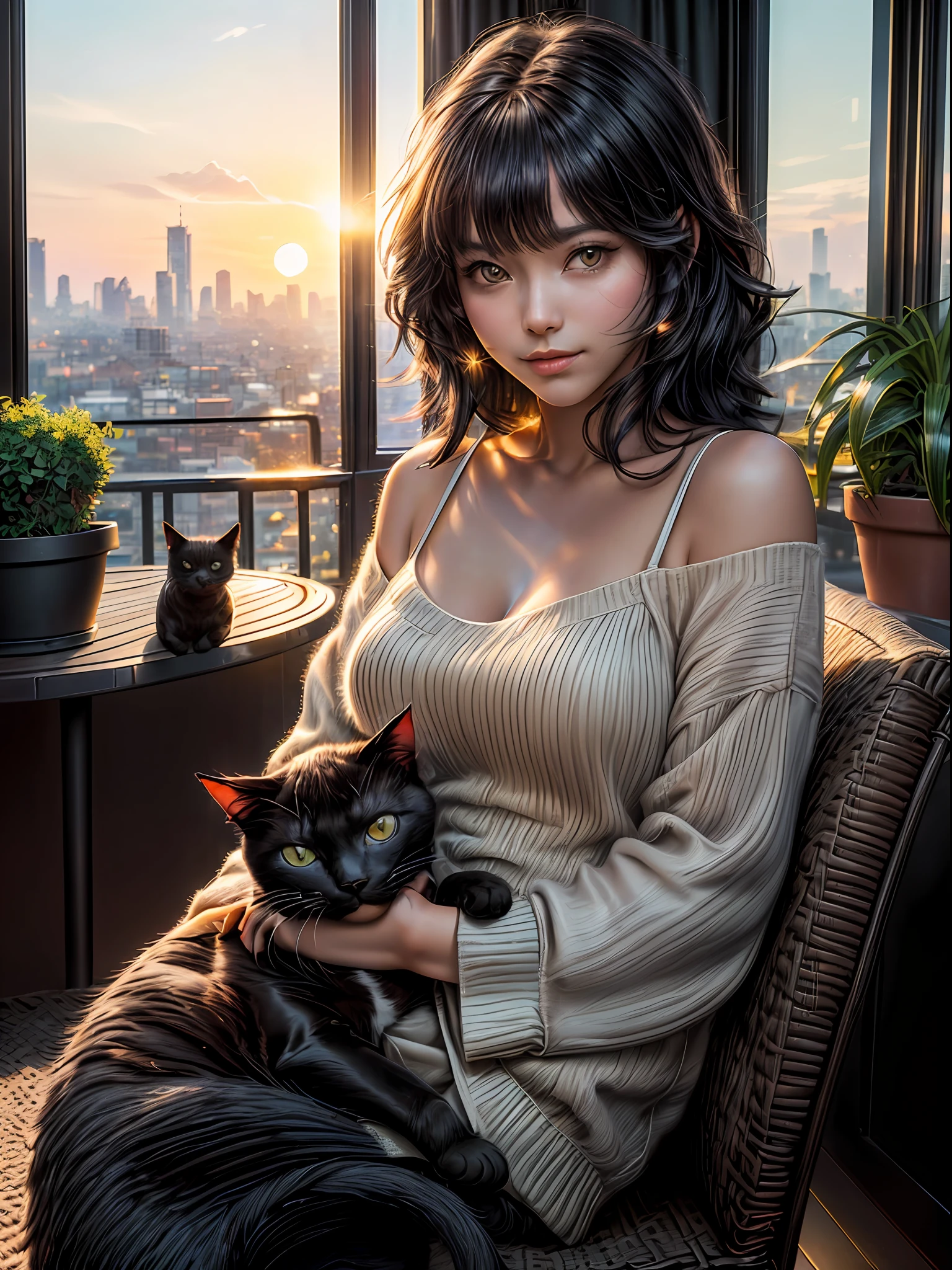 (masterpiece, high resolution, photo-realistic:1.4), (black shorthair cat:1.2), (content and relaxed:1.2), (basking in the sunset glow:1.3), (peaceful balcony setting:1.2), (modern apartment building:1.1), (potted plants and cozy cushions:1.1), (soft natural lighting:1.2), (warm hues of the setting sun:1.2), (urban skyline in the distance:1.1), (gentle breeze ruffling its fur:1.1), (Nikon D850 DSLR camera:1.2), (equipped with a Sigma 35mm f/1.4 DG HSM Art lens:1.2), (ensuring perfect clarity and depth of field:1.2), (capturing the cat's every detail:1.2), (showcasing the beauty of the moment:1.1), (celebrating the tranquility of a city sunset:1.1).