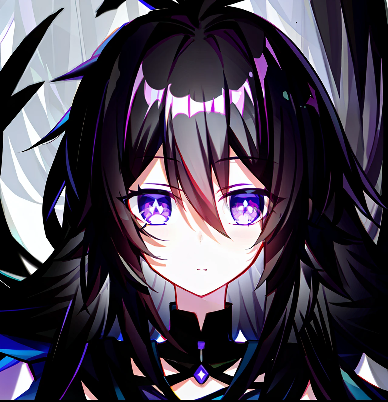 Black color hair,Purple-eyed girl,It's lovely,Fluffy hair,Slightly floating
