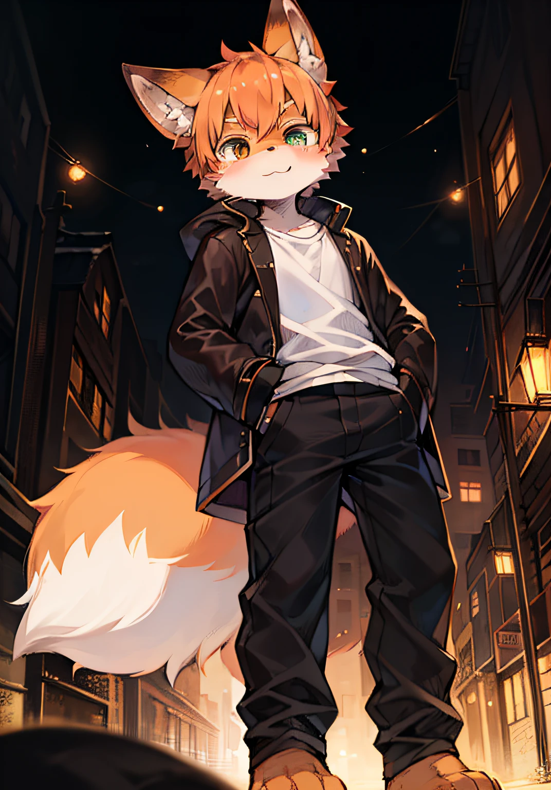(ambiente dark:0.8),Masterpiece,High quality,abstract res,Digital painting\(artwork of a\), by Dagasi, Yupa,Kiyosan,(anthro,Fluffy fur,Character focus:1.1),Human male fox,Short hair , eyes with brightness, in a panoramic view, Character focus.(detailedbackground:0.7), 独奏, spheres,Fox ears,human - shaped,Fluffy tail,orange color hair,Black ears,Heterochromic pupils,short detailed hair,hairy pubic,sbeard,Super cute face,whitet-shirt,Orange fur,Full Body Furry,Black paws,black long pants,black cloaths,Bright surroundings,The coat is open,Put your hands in your pockets,Gamine.City streets at night,one fox tail