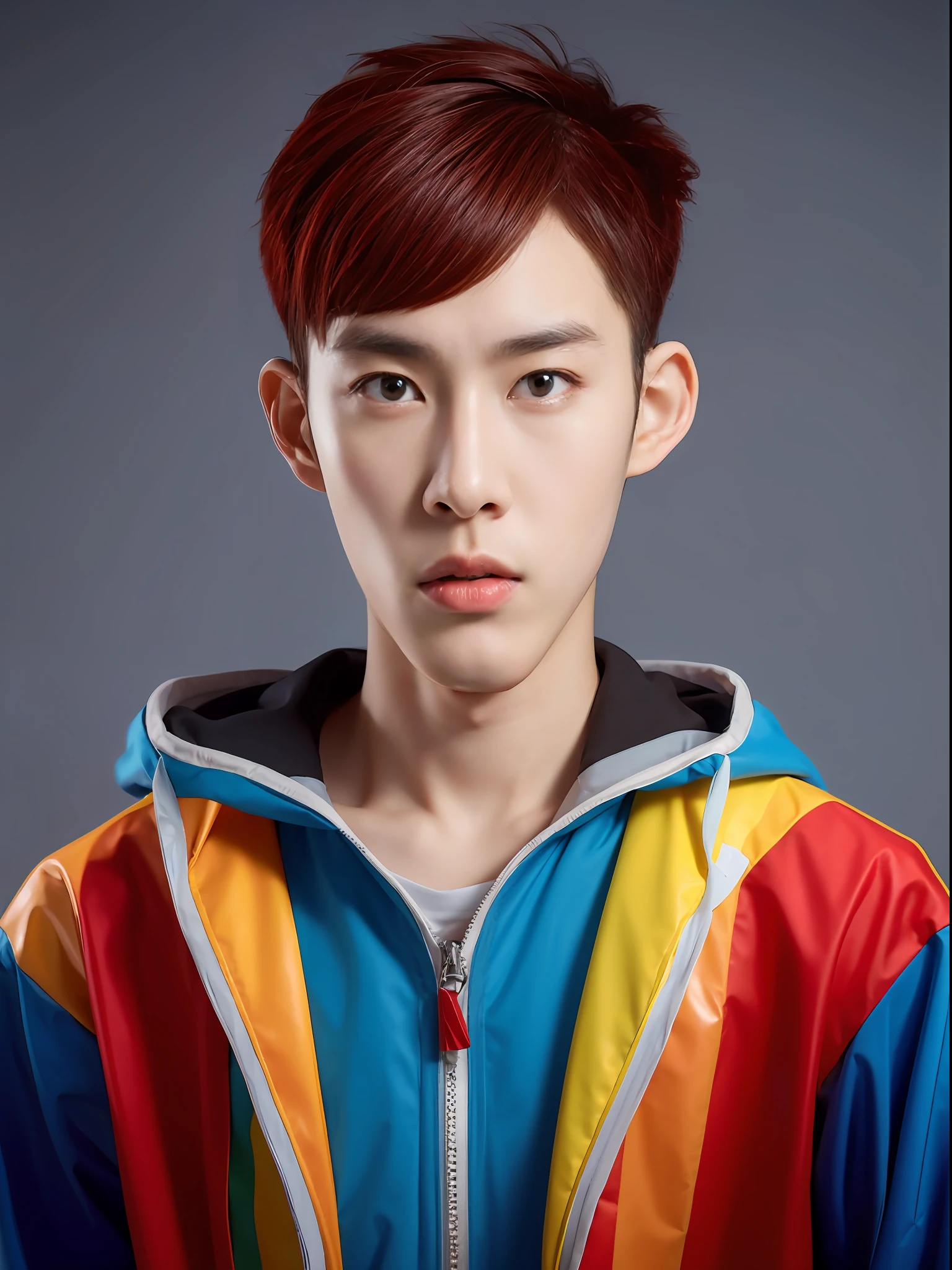 Chinese male high school student,Wearing PVC light blue tracksuit