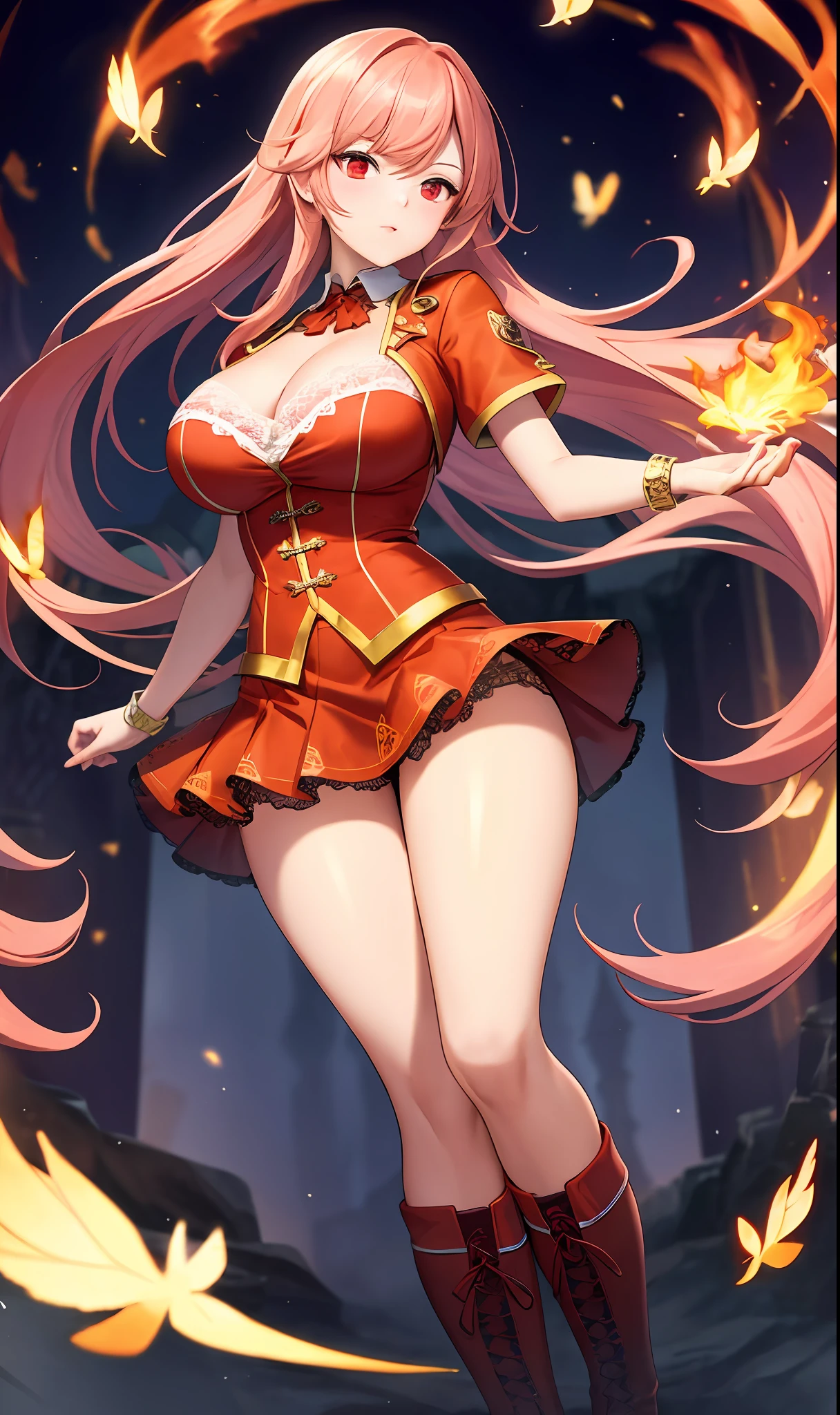Masterpiece, Best quality, Ultra detailed, Intricate details, hiqcg, hiqcgbody, Soft lighting,
1girll, Solo, (Red eyes), Beautiful detailed face, Long hair fluttered with red flames, cleavage, Detailed lace texture, upper legs, (Luxurious), (Noble),
((Short orange skirt)), floating in air, Red combat boots, (火焰), (Red lace stockings)，battlefiled，Female wizard，Huge firebird behind it