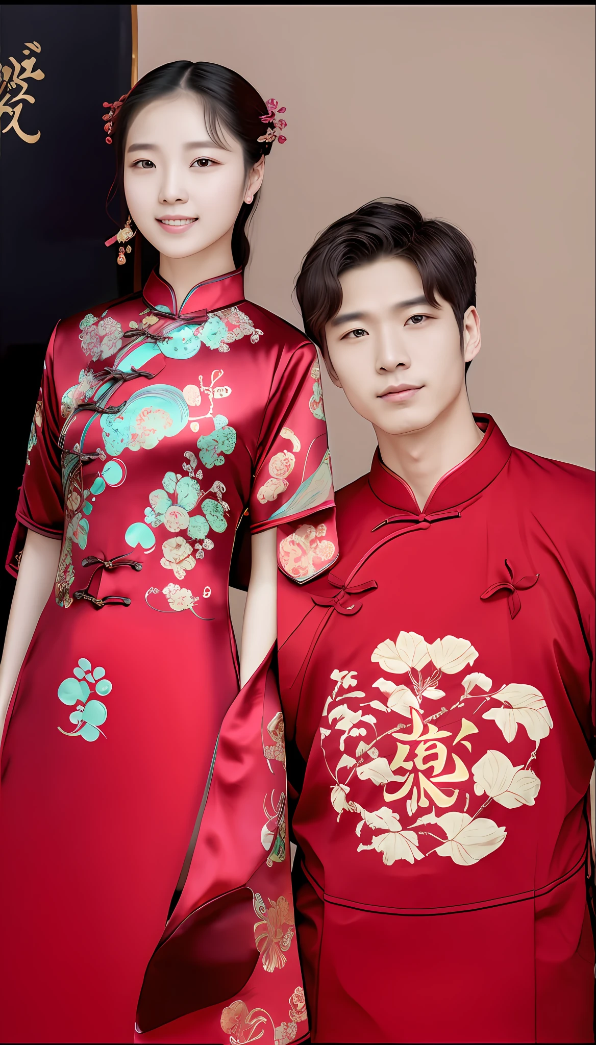 Close-up of a man and a woman dressed in red, Cai Xukun, Chinese traditional, Wearing a red cheongsam, wearing red attire, Traditional Chinese clothing, Cheongsam, Chinese style, cute couple, wearing gilded red , ruan jia beautiful!, Ruan Jia and Fenghua Zhong, jia, yanjun cheng, Wearing ancient Chinese clothes,8k wallpaper。