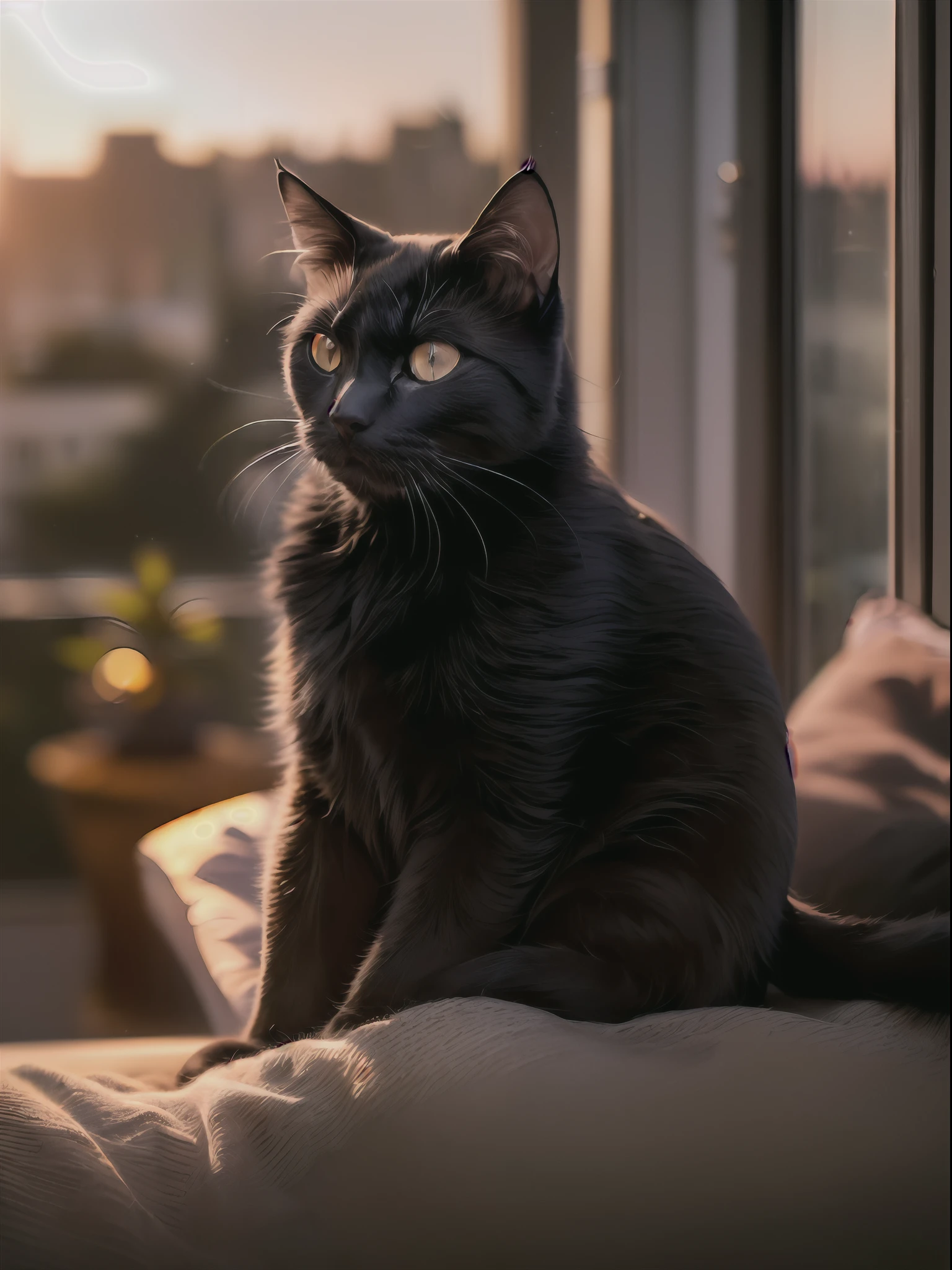 (masterpiece, high resolution, photo-realistic:1.4), (black shorthair cat:1.2), (content and relaxed:1.2), (basking in the sunset glow:1.3), (peaceful balcony setting:1.2), (modern apartment building:1.1), (potted plants and cozy cushions:1.1), (soft natural lighting:1.2), (warm hues of the setting sun:1.2), (urban skyline in the distance:1.1), (gentle breeze ruffling its fur:1.1), (Nikon D850 DSLR camera:1.2), (equipped with a Sigma 35mm f/1.4 DG HSM Art lens:1.2), (ensuring perfect clarity and depth of field:1.2), (capturing the cat's every detail:1.2), (showcasing the beauty of the moment:1.1), (celebrating the tranquility of a city sunset:1.1).