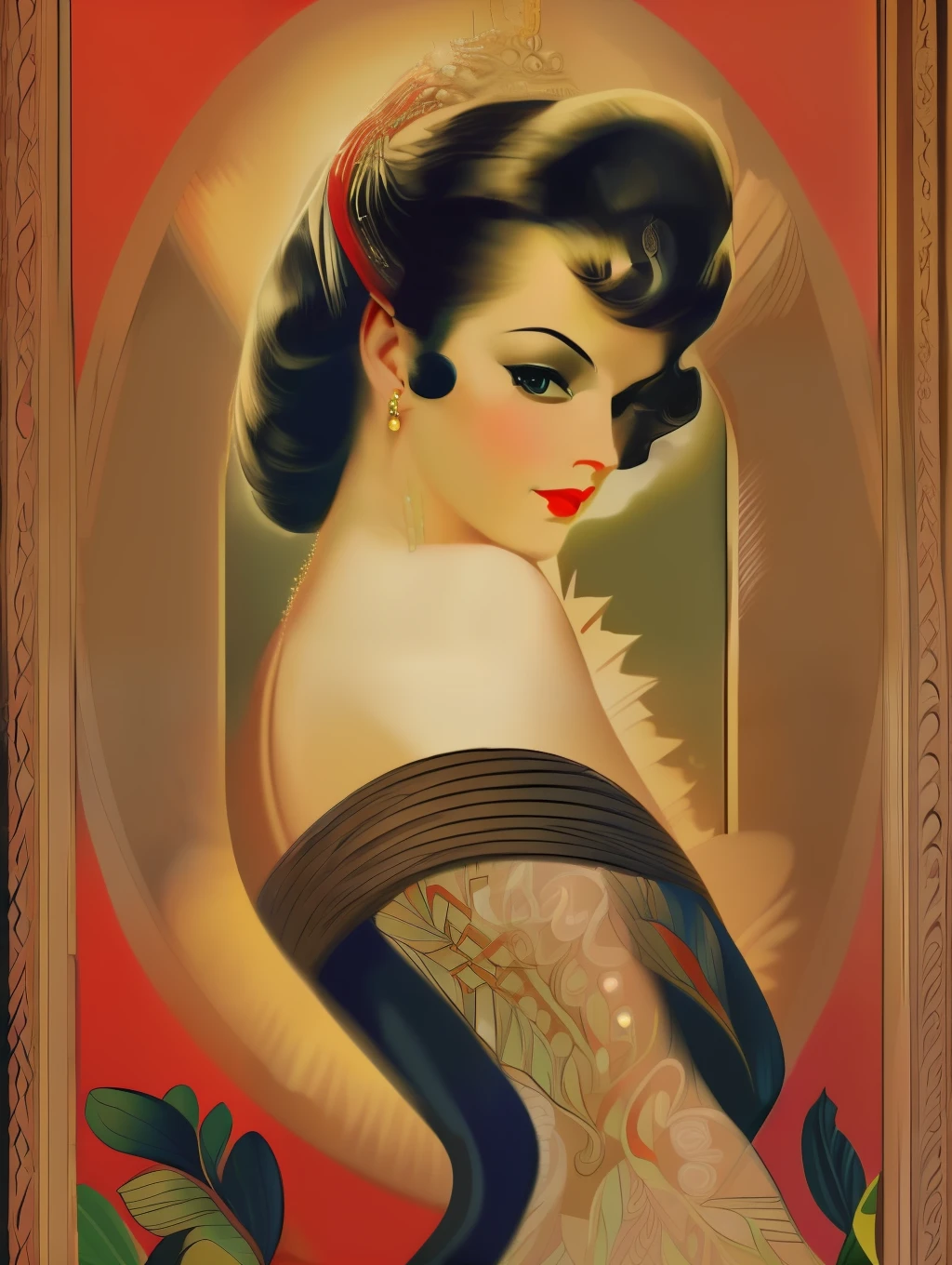 (Masterpiece) portrait of an Insanely gorgeous and sophisticated beautiful woman, art-deco, sophisticated, hyperdetailed, in the style of Ted Withers and Alberto Vargas