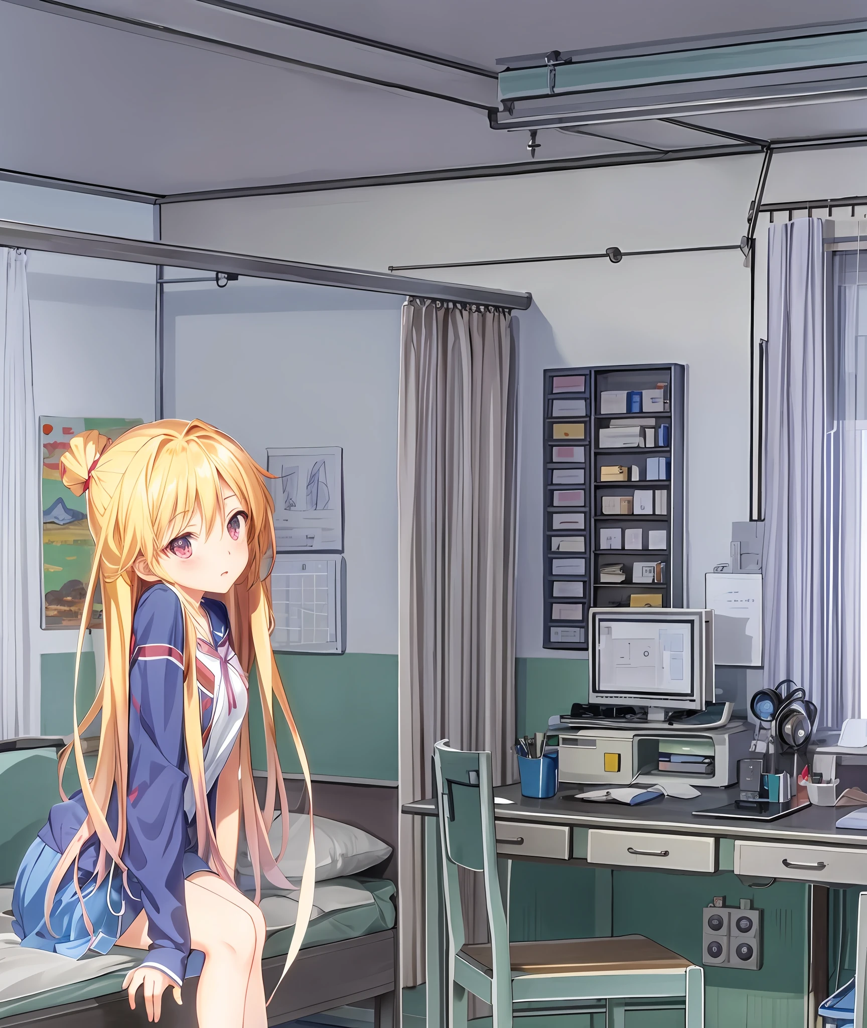 Anime girl in room with desk and chair, painted in anime painter studio, visual novel cg, asunayuuki, hq artwork, Golden Time, Smooth Anime CG Art, hospital in background, ; visual novel, Hospital!, visual novel, visual novel key visual, official artwork, official artwork hdr, Holo, made with anime painter studio, Anime Background Art