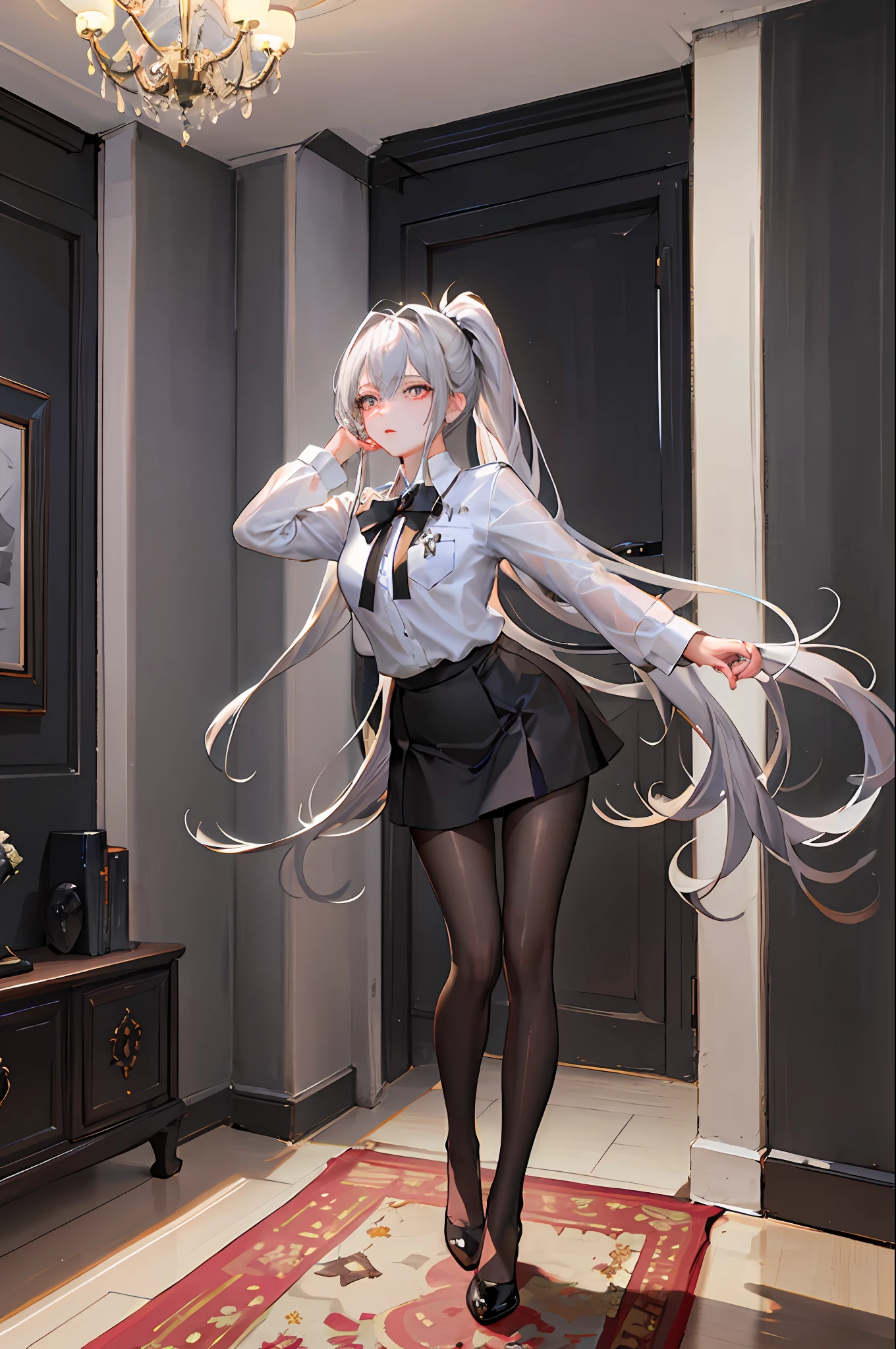 1 girl! Ray tracing, best shadows, high resolution (dim lighting) detailed background (living room) fluffy silver hair, plump and slender girl, high ponytail avoiding golden eyes in the ominous living room (girl wearing white shirt, black wrinkled skirt, with black transparent pantyhose), showing a delicate slim figure and graceful curves, correctly positioned and reasonable limbs! Put your hands behind your head, stand dignified, facial details! Delicate facial features, pay attention to the position details of the legs! Pay attention to hand details! High quality! More eligible! Reduce mistakes! The painting is more fine, ultra-detailed CG, and the picture is more reasonable! Pay attention to finger details! 8k wallpapers, masterpieces, double eye details! Reduce binocular differences! Limit the number of fingers!