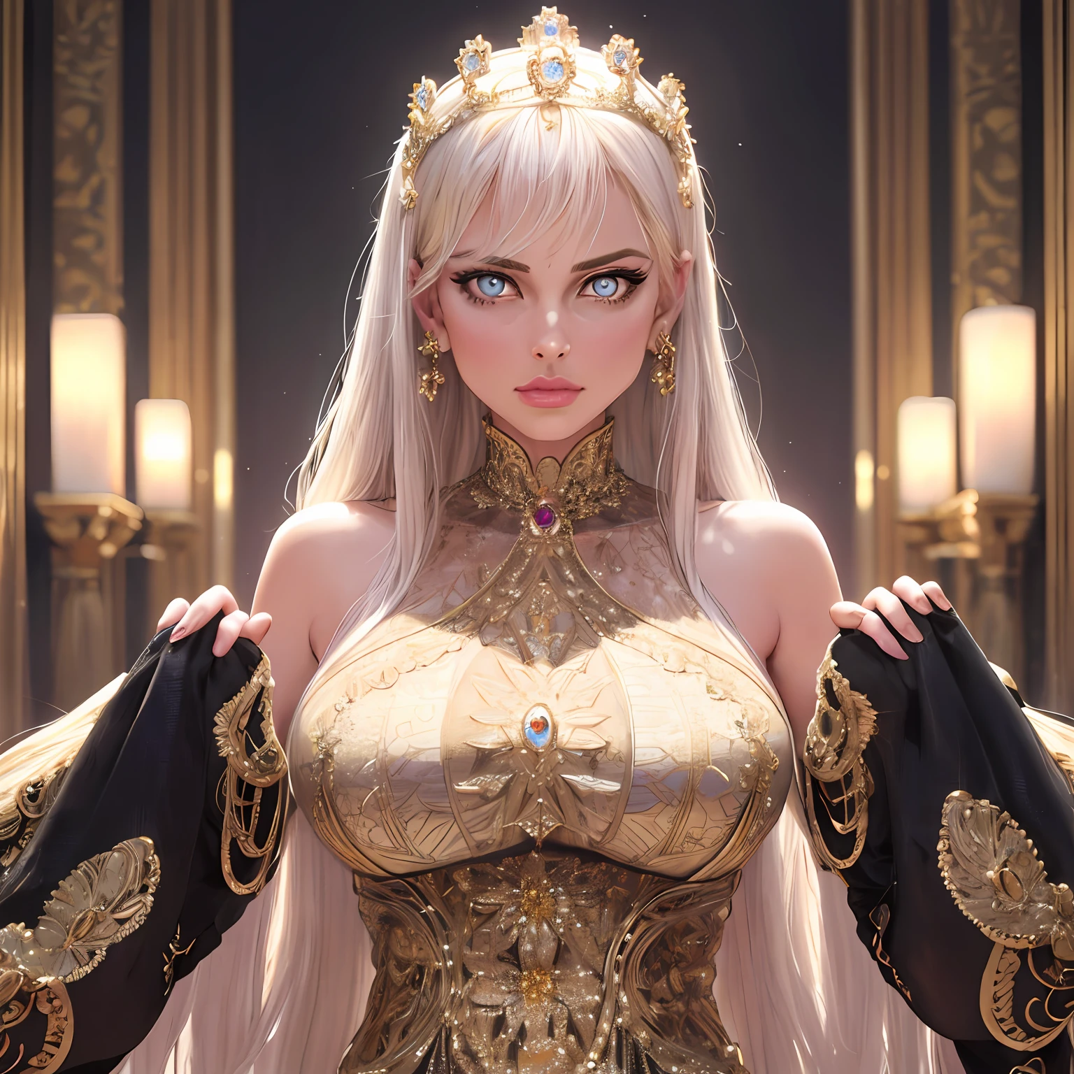 ultra realistic 8k cg, epic, (royal palace), royal, ((rich, prestige)), perfect artwork, masterpiece, picture-perfect face, perfect face, beautiful face, ((perfect female body)), charming, seductive, erotic, alluring, enchanting, mature female, narrow waist, gorgeous goddess, deity, divine queen, absurdly long hair, blonde hair, dark blue eyes, glowing eyes, piercing eyes, looking at viewer, ((intricate detail, delicate pattern)), science fiction, jewelry, gem, gold, diamond, (intricate gold red crown)
