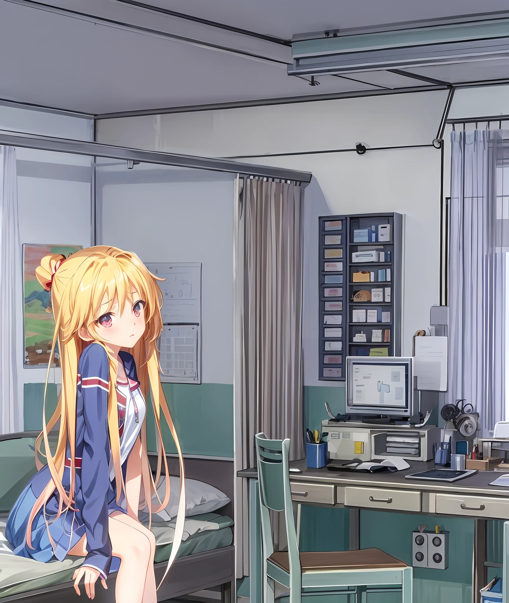 Anime girl in room with desk and chair, painted in anime painter studio, visual novel cg, asunayuuki, hq artwork, Golden Time, Smooth Anime CG Art, hospital in background, ; visual novel, Hospital!, visual novel, visual novel key visual, official artwork, official artwork hdr, Holo, made with anime painter studio, Anime Background Art