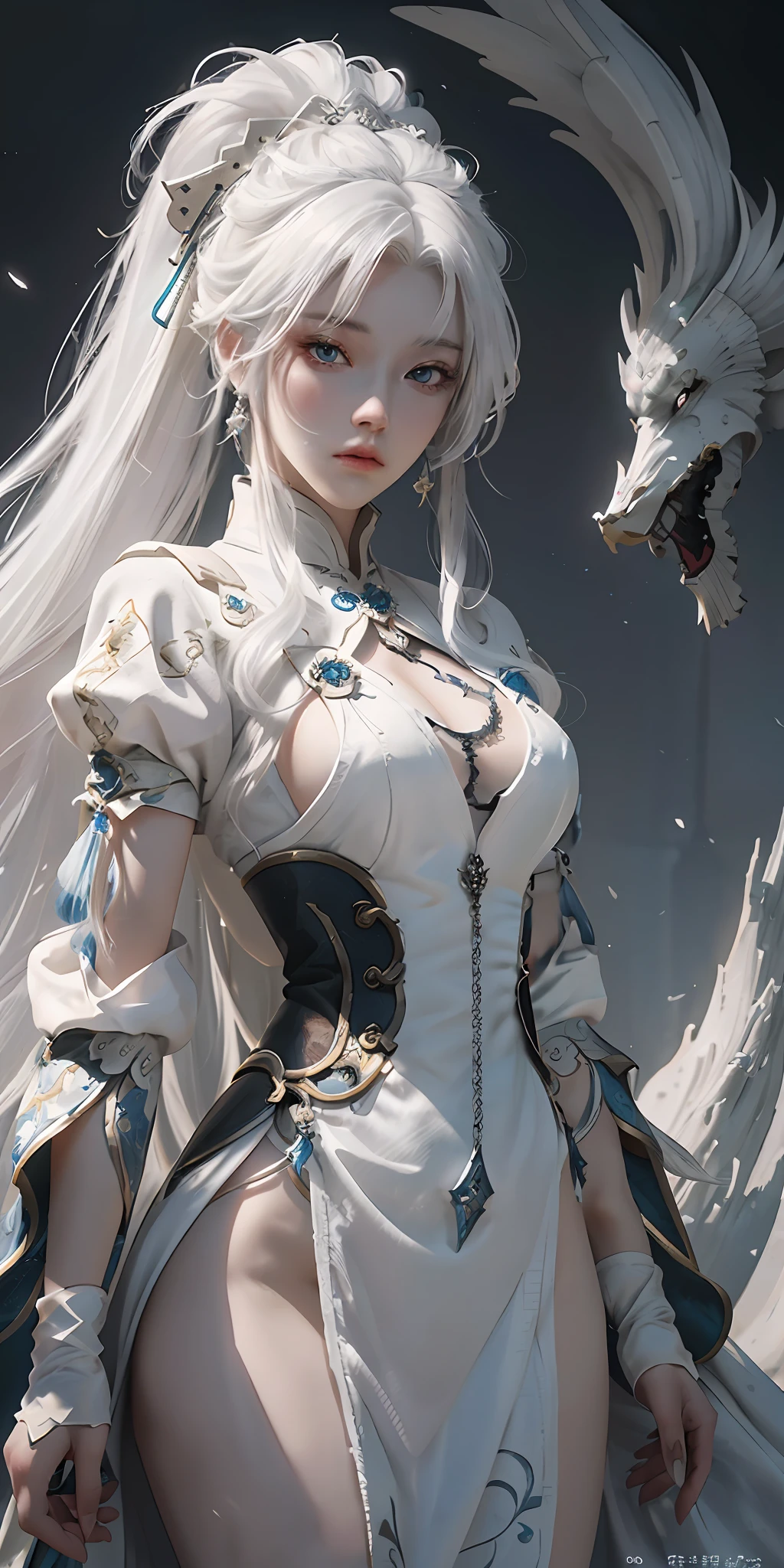 A woman with white hair and a white mask,Belle peinture de personnage,Guviz-style artwork,white-haired god,Yang J,Epic and beautiful character art,Stunning character art,FAN Qi,Wu Zhun Shifan,Guvitz at the Pixiv Art Station,tmasterpiece,16K,