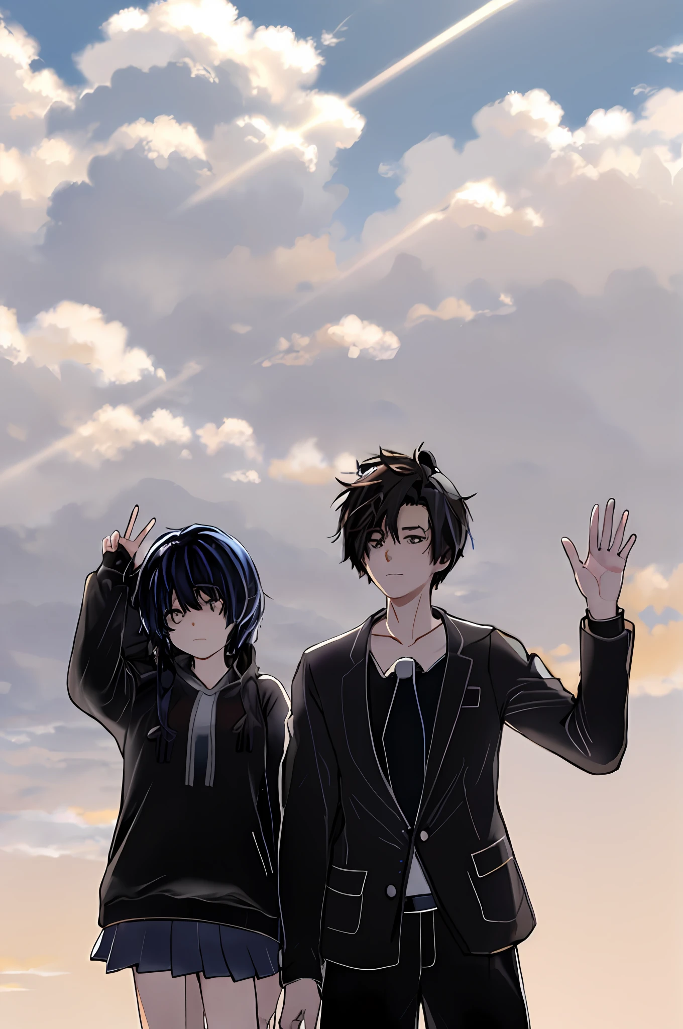 Anime characters standing in a field with clouds in the background, Guweiz e Makoto Shinkai, style of anime, in the style of makoto shinkai, Ross Tran e Makoto Shinkai, Anime Cloud, sakimichan and makoto shinkai, Fiona Staples e Makoto Shinkai, Makoto Shinkai Cyril Rolando, your name movie style,masterpiece,high qulity