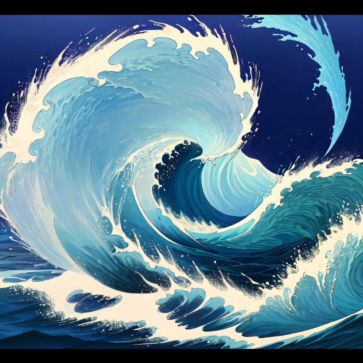 highres, (((landscape, no humans,))), best quality, masterpiece, ocean wave in ukiyoe style, the great wave off kanagwa, water, caustics, reflection, fantastic, postcard illustration, only blue and white,
