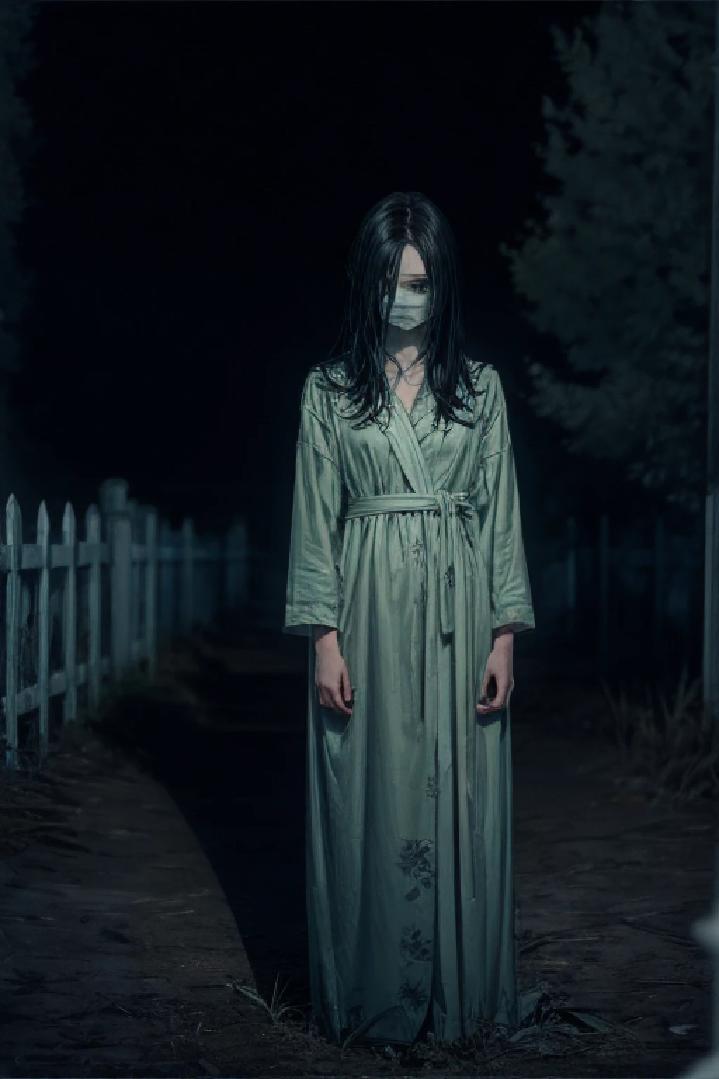 horror film shot of a creepy girl with long straight black hair, hair covering her face, wearing a dirty hospital gown,standing alone in the cemetery at night, rule of the thirds, tonal color scheme, pale green, pensive stillness, bokeh, mystery, horror, unholy, eerie, creepy, moody lighting, in the style of denis villeneuve, film still, cinestill 800
