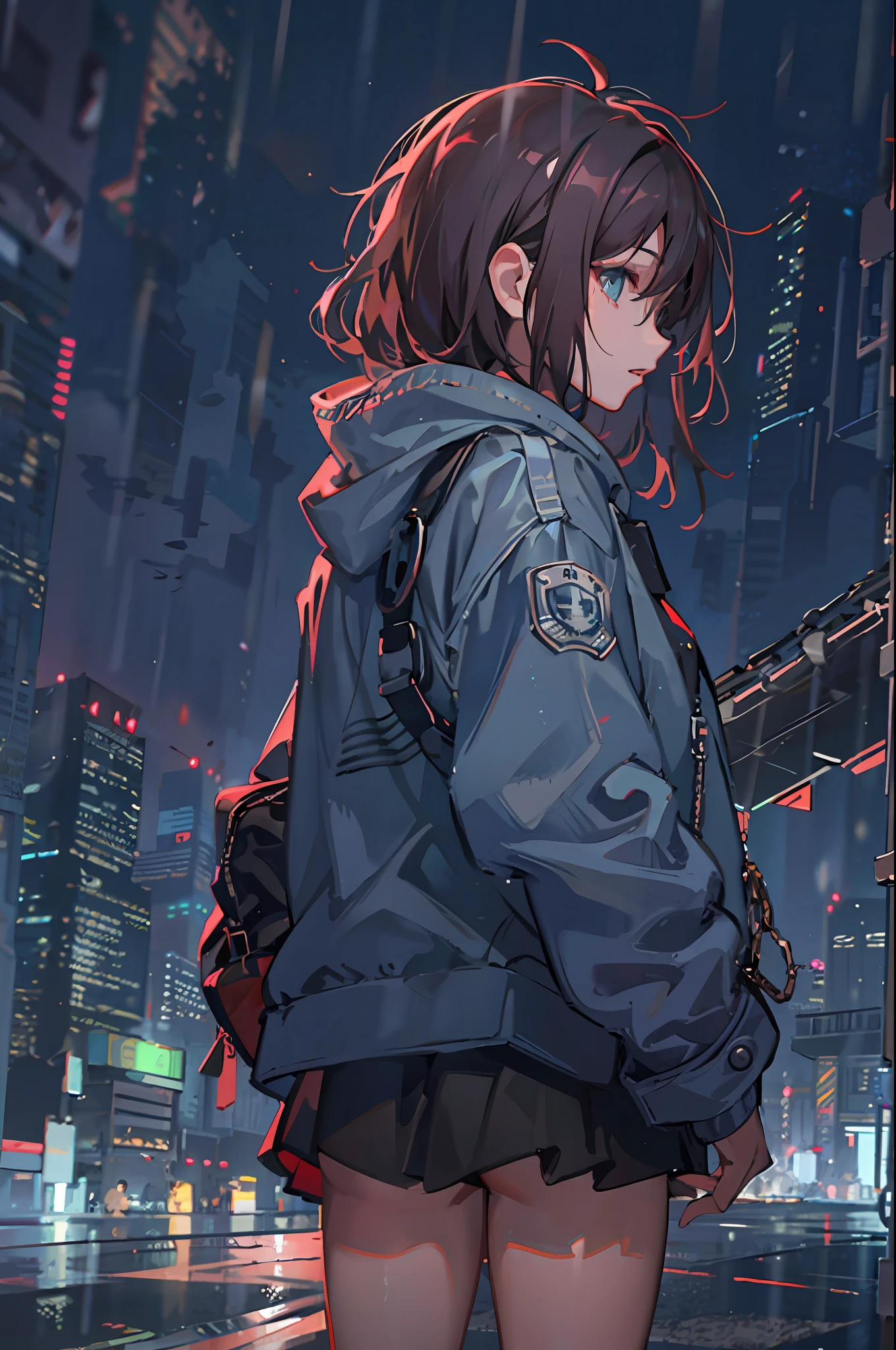1girl, jacket, rain, outdoor, hoodie, open jacket, chain, backpack, looking at another, messy hair, trending on artstation, 8k resolution, highly detailed, anatomically correct, sharp image, digital painting, concept art, trending on pixiv, style of makoto shinkai,