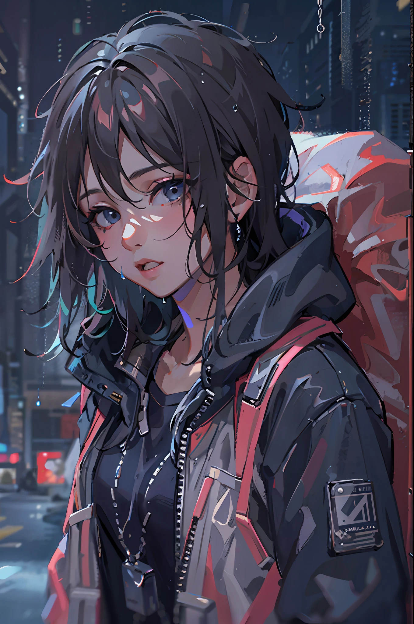 1girl, jacket, rain, outdoor, hoodie, open jacket, chain, backpack, looking at another, messy hair, trending on artstation, 8k resolution, highly detailed, anatomically correct, sharp image, digital painting, concept art, trending on pixiv, style of makoto shinkai,