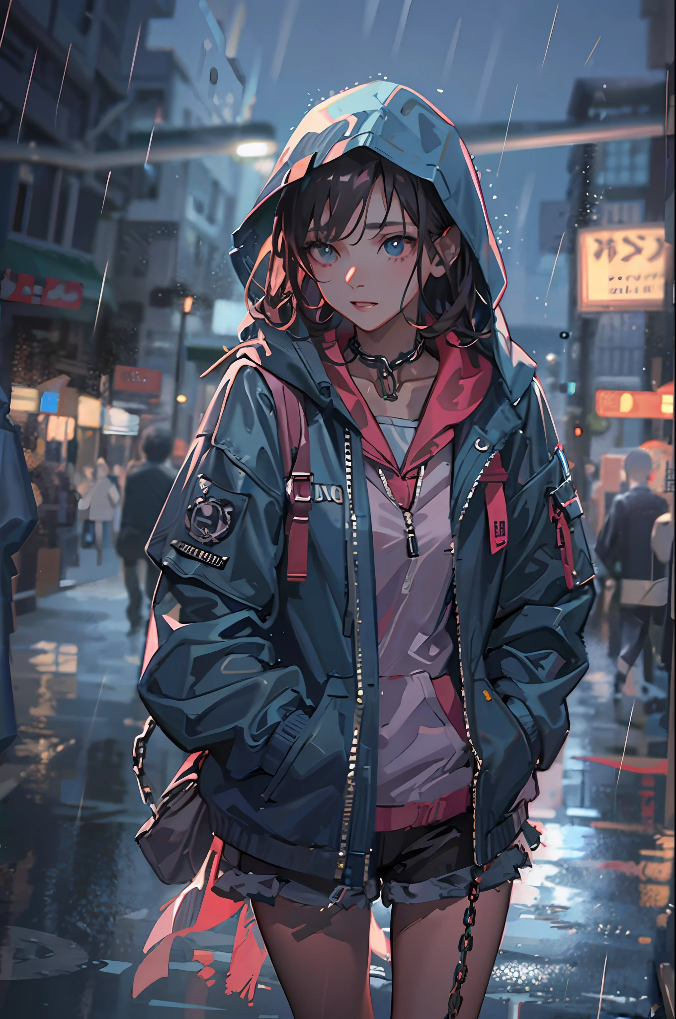 1girl, jacket, rain, outdoor, hoodie, open jacket, chain, backpack, looking at another, messy hair, trending on artstation, 8k resolution, highly detailed, anatomically correct, sharp image, digital painting, concept art, trending on pixiv, style of makoto shinkai,