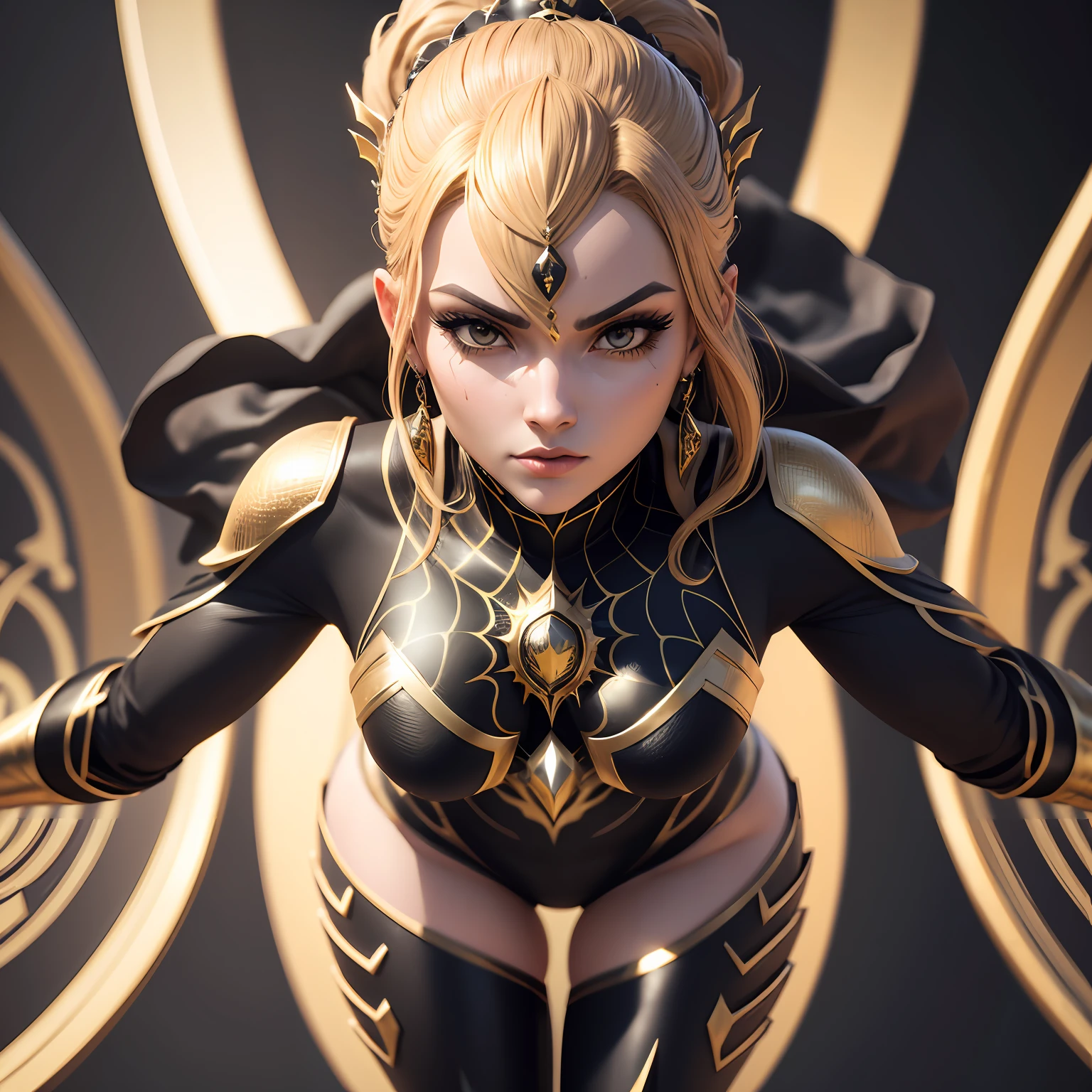 a closeup of a statue of a woman in a gold and black costume, render super detalhado, 3 d render arte do caractere 8 k, intrincada armadura branca e dourada, Armadura Samurai Completa Homem-Aranha, Iconic character of high detail, 8k render", octan render ", octan render", Super Detailed Octane Rendering, super render em octanagem render, hiper detalhado 3 d render, Estilo futurista Homem-Aranha