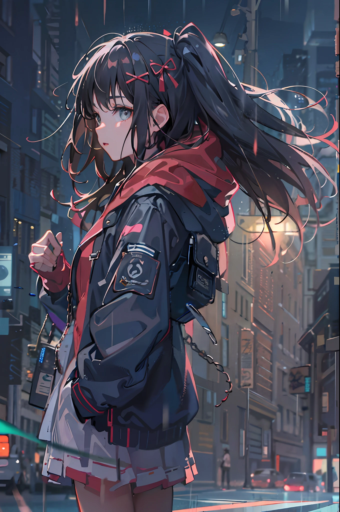 1girl, jacket, rain, outdoor, hoodie, open jacket, chain, backpack, looking at another, messy hair, trending on artstation, 8k resolution, highly detailed, anatomically correct, sharp image, digital painting, concept art, trending on pixiv, style of makoto shinkai,