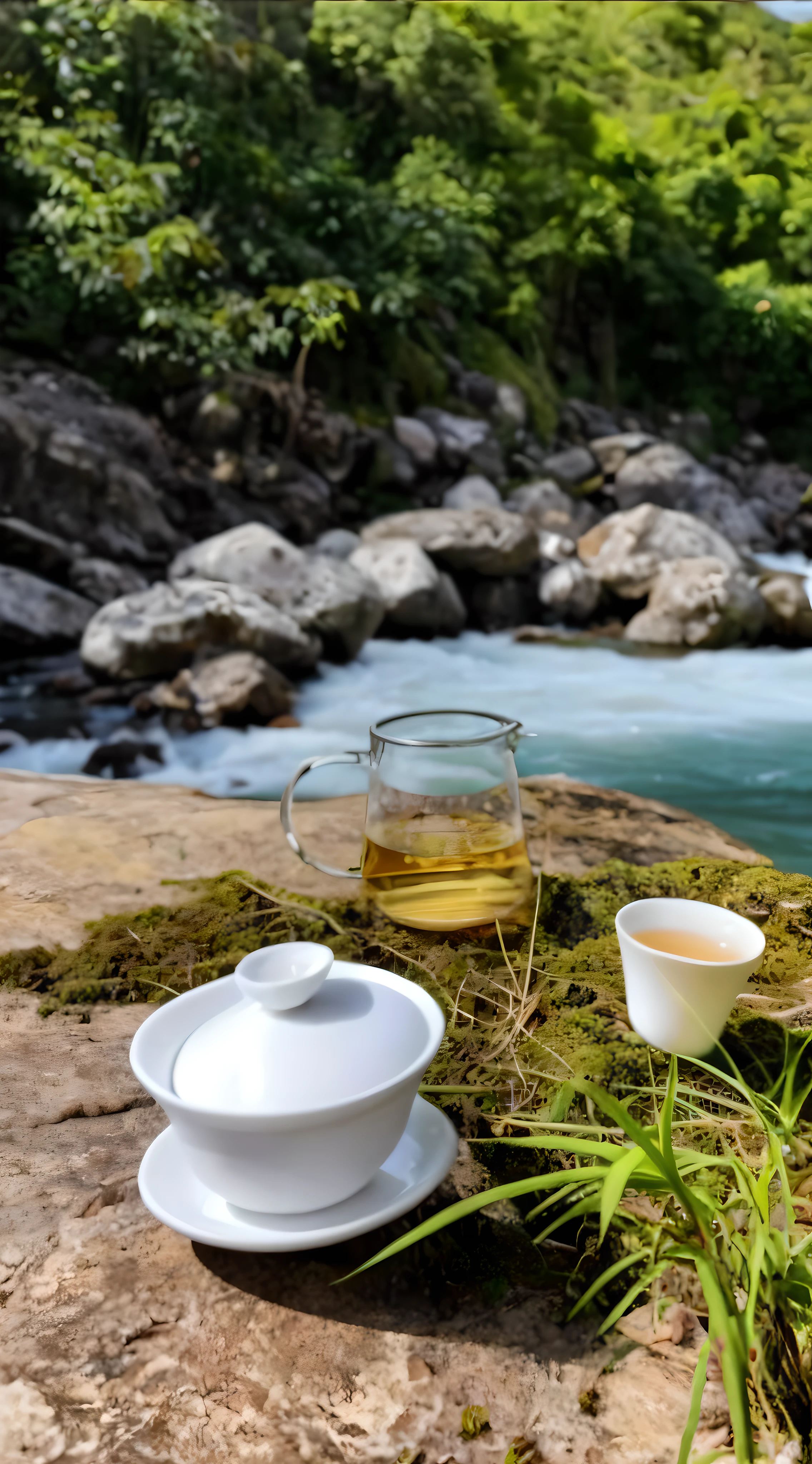 There was a cup of tea and a saucer on the rocks by the river, peacefully drinking river water, river with stunning water, assam tea garden setting, next to a waterfall, sittinng on the river, assam tea village background, Drinking tea, 4 0 9 6, beside a river, beautiful flowing feeling, stunning visuals, Relaxing environment, relaxing, uttarakhand