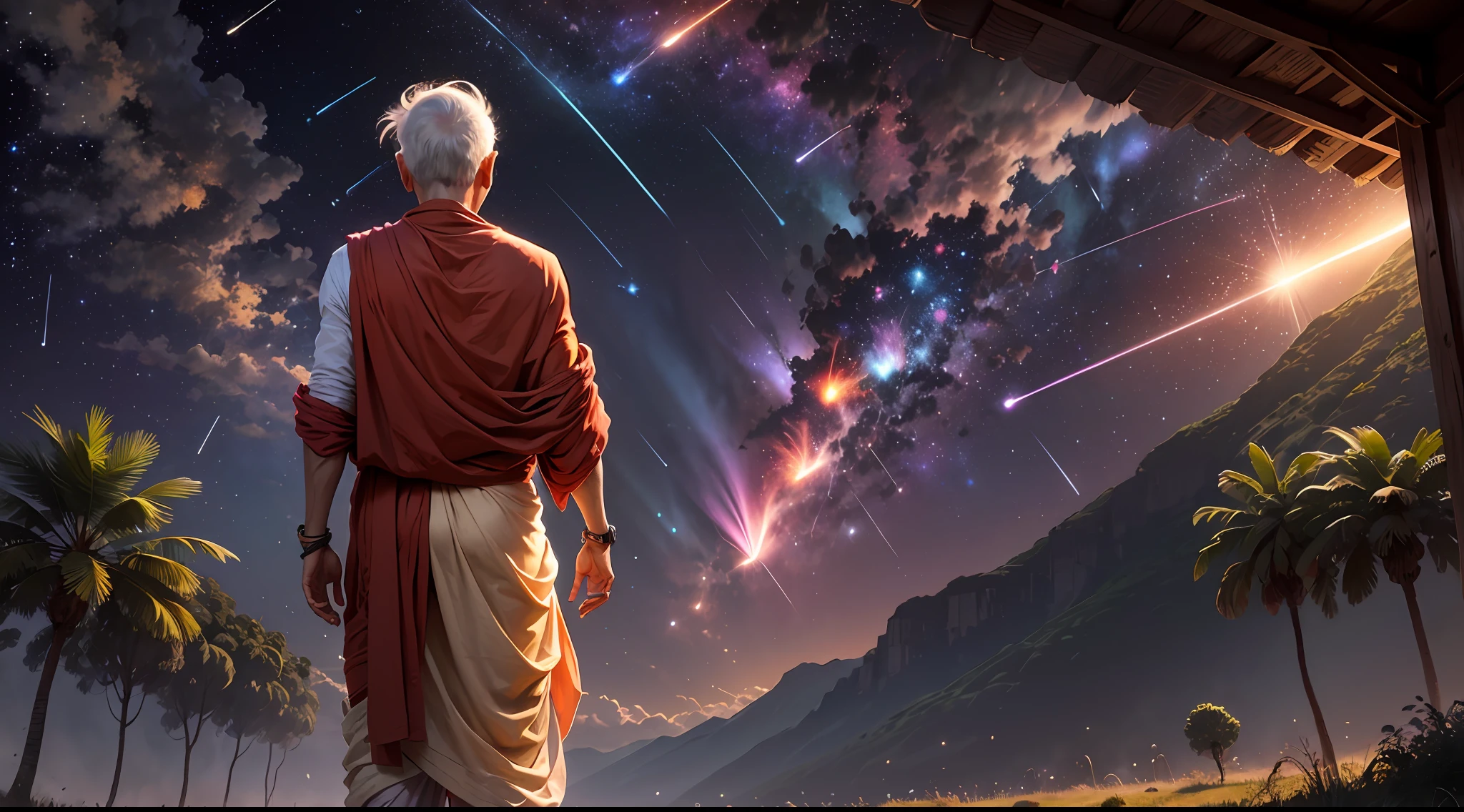 1old man, distant wise old indian guru, staring at the stars, (zoomed out:1.1), (meteor shower:1.2), (comet:1.1), your name, low angle, from behind, aroura borealis, shooting star, dhoti, red dhoti, hindu monk, banyan tree, standing in a field, best quality, masterpiece, cloud, colorful, starry, stars, --auto
