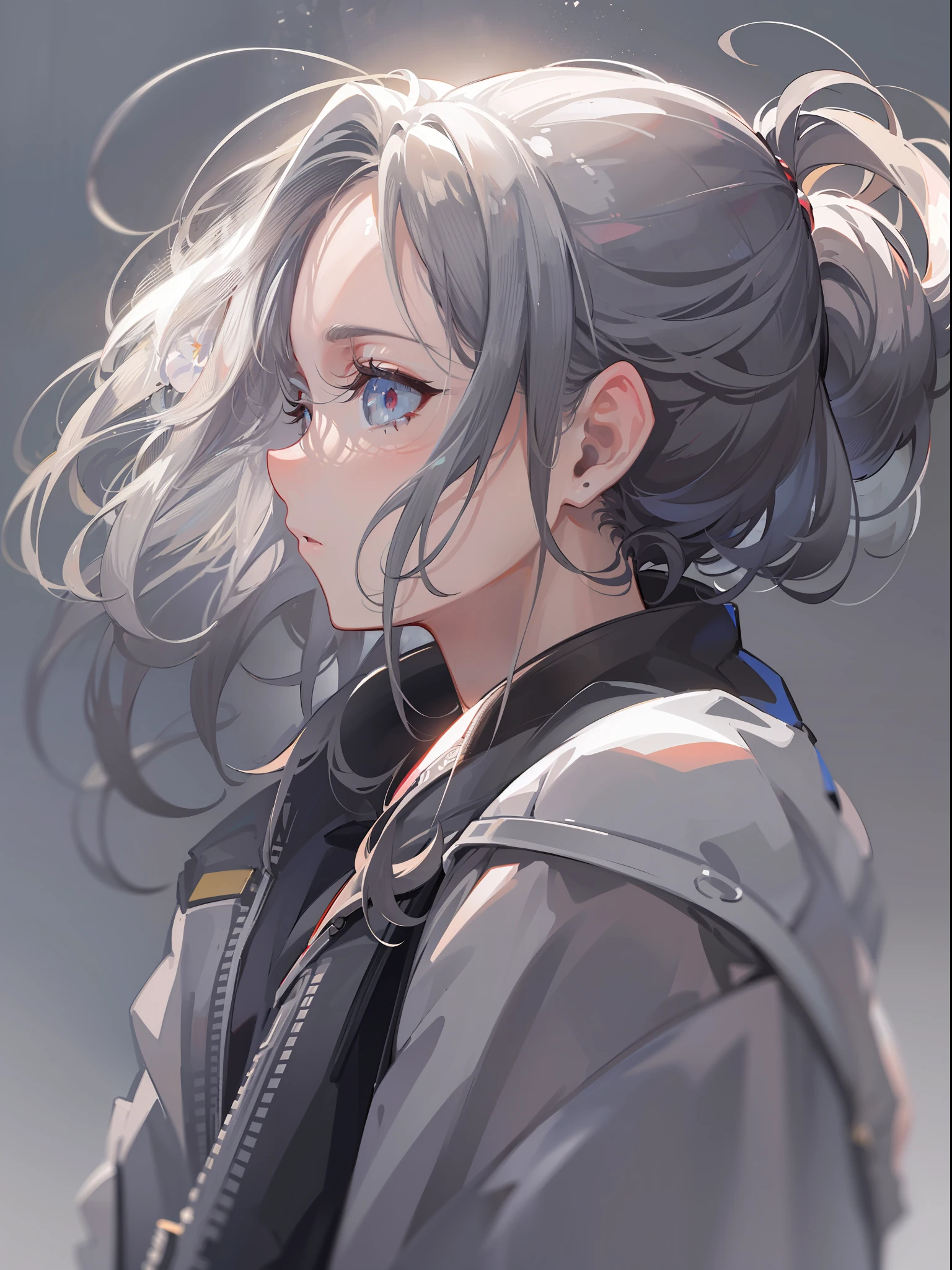 (((Masterpiece))),(((Best quality))),(((Amazing detail))),((illustration)),((A high resolution)),((8K)),((Anatomically correct)),cheveux gris courts,Delicate hair,Cool,angle of view,Anime,Depth of field,,Soft light,From above,Lens flare,pensive,serious,grey background,No background,black windbreak