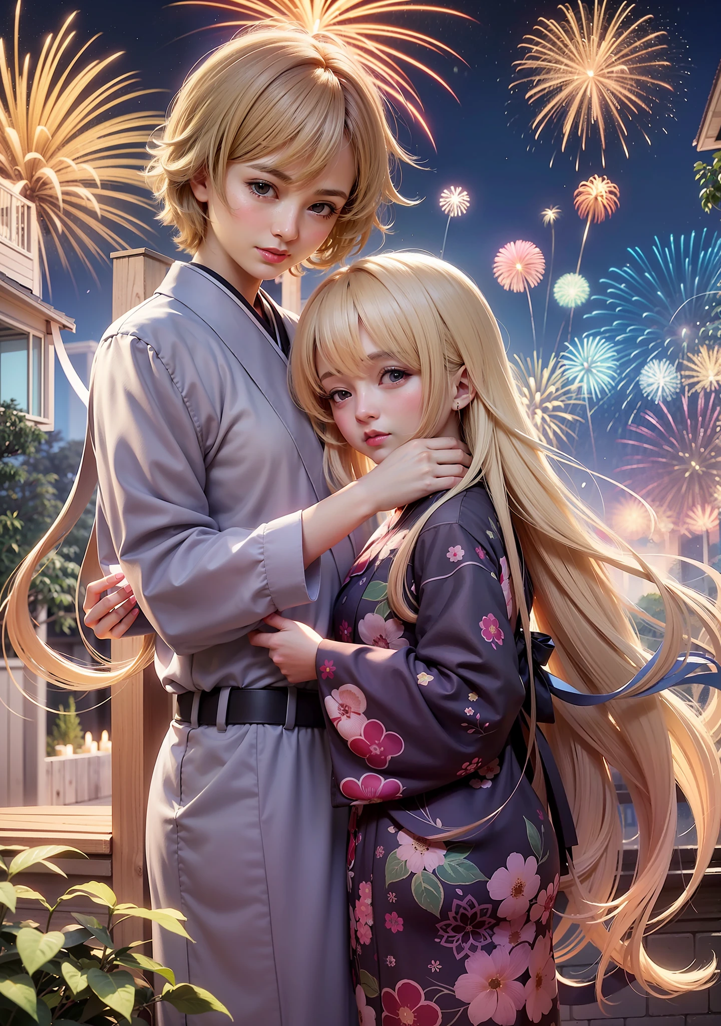 Lovers、kawaii、hyper realstic、firework background、a blond、natta、Beautiful girl in floral yukata、(((back lighting: 1.3))、kawaii、hyper realstic