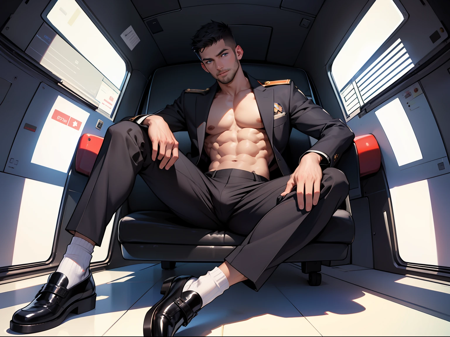 masterpiece, best quality, face, natural eyes, 1man, solo, big feet, black socks, full body, (in suits), large bulge, long legs, looking at viewer, 30 years old, muscled and mature, pilot, pilot in uniform, short haircut, blue eyes, topless, shirtless, open chest, eight-pack abs, sexy,