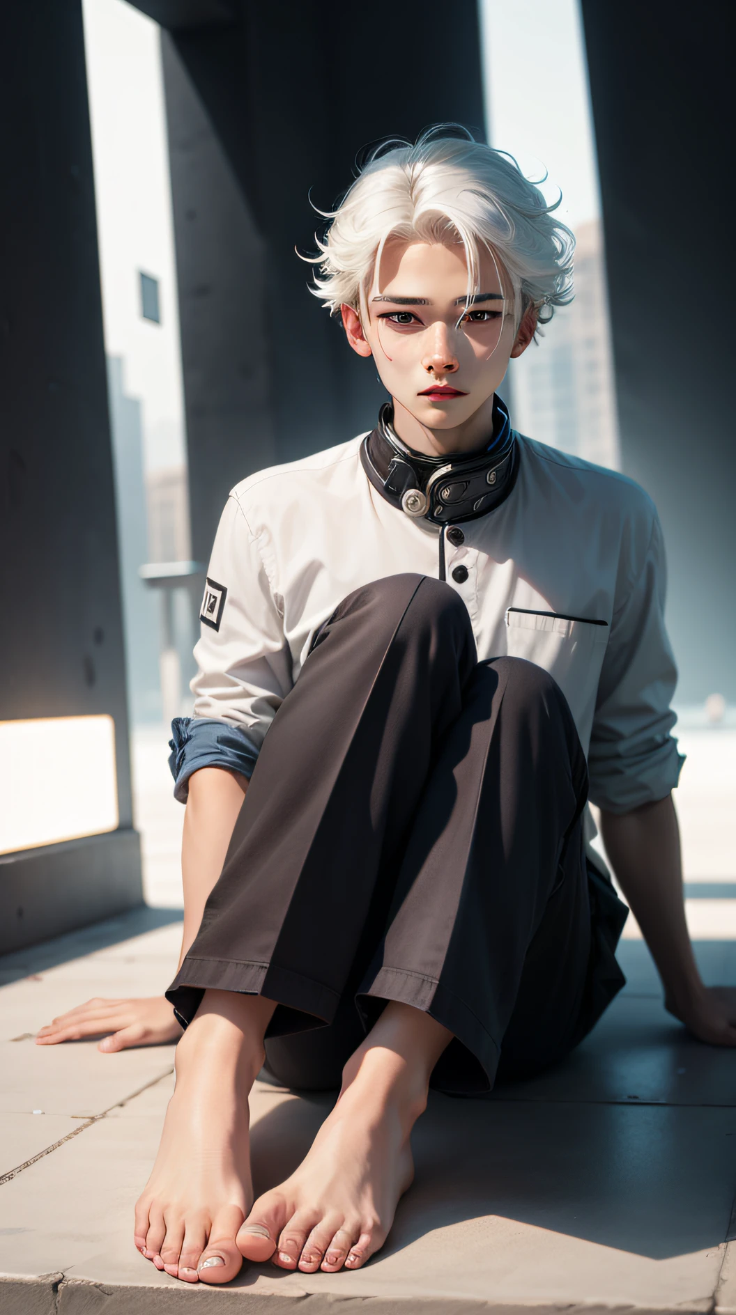lovely boy, cute feet, cute  face, White hair, face expressionless，Clear face，futurism, hyper HD, Masterpiece, Super detail, High details, High quality