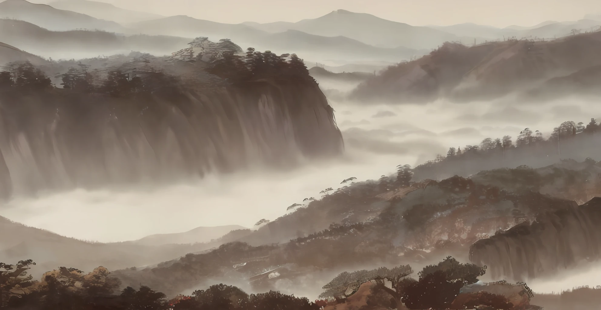 Chinese landscape painting,high high quality, mont, mist, the trees