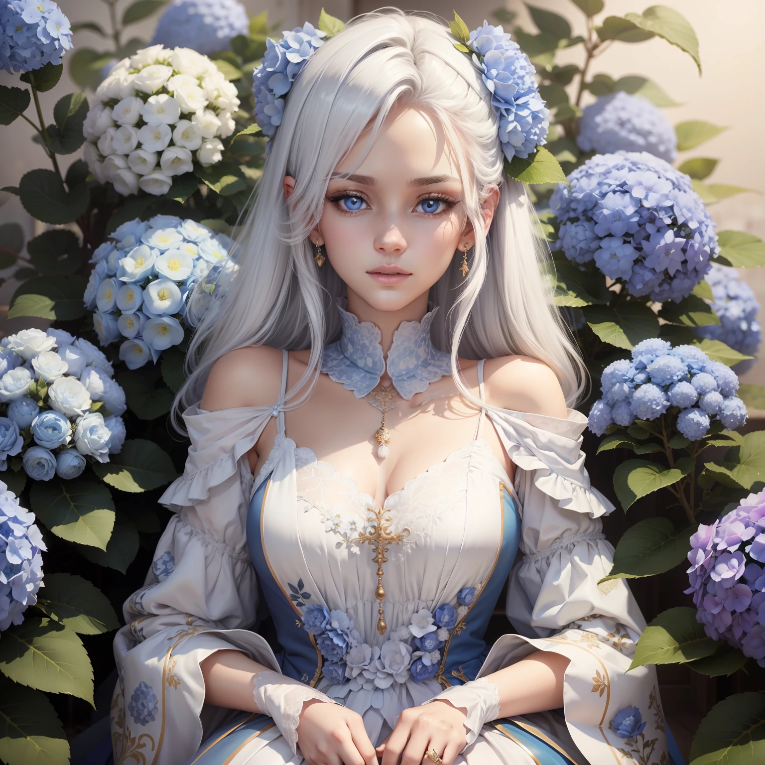 White hair and blue eyes,Kizi,Court dress,Gentle and beautiful,Blue hydrangeas