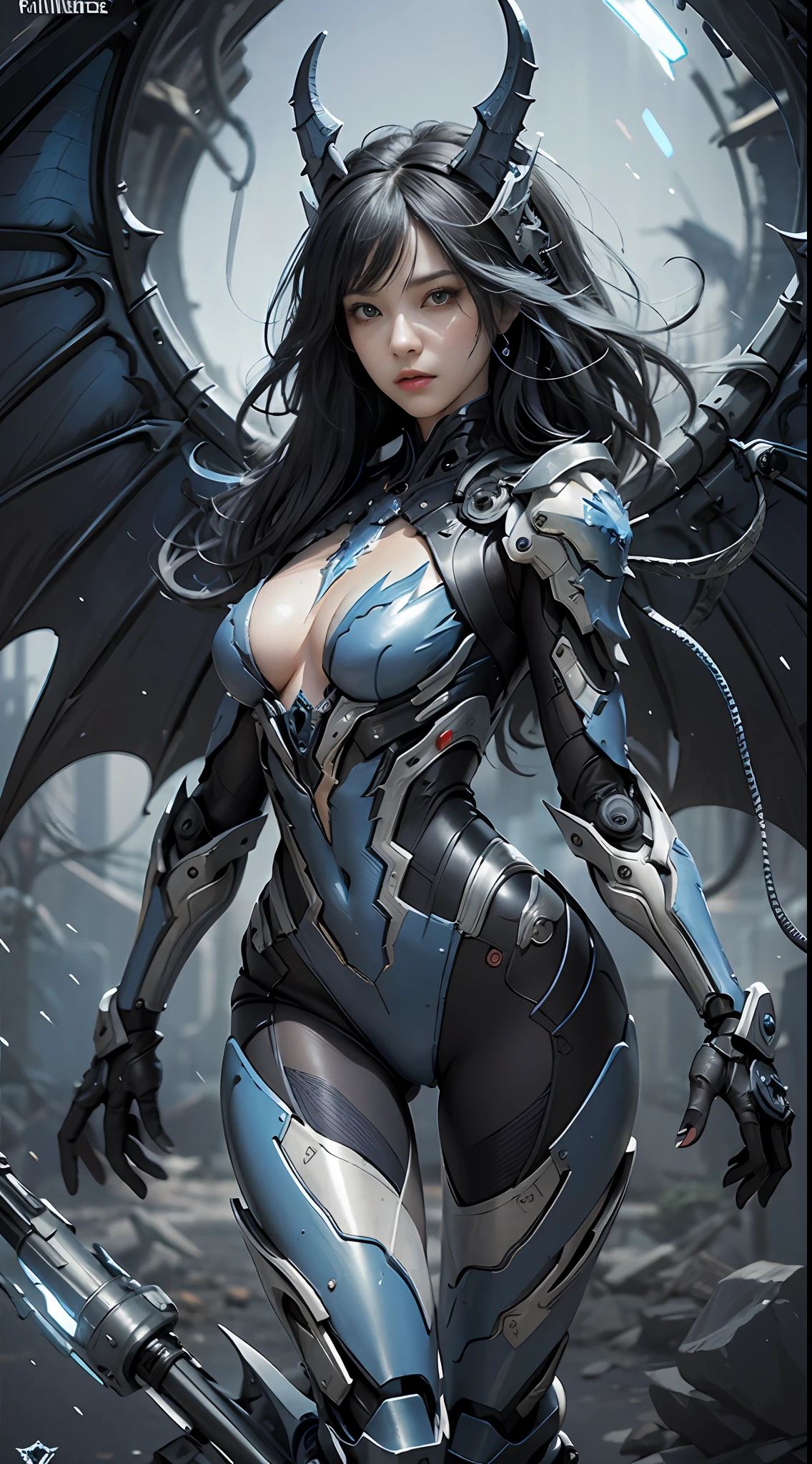 （tmasterpiece，），（best qualtiy），photorealestic，Realistis，ultra - detailed，s the perfect face，The most delicate facial features，Perfect body，1 cool beauty with a heroic appearance，Cold beauty，Edge Walker Heavy Blue Dragon Mechanical Warframe，heavy metal，Demon mechanical wings，Blue Dragon mechanical armor，Blue dragon exoskeleton,Yagami - Classic action，cool-pose，Full-screen lightning effect，Yingwu，heroic look，Contour lighting，Full body photo