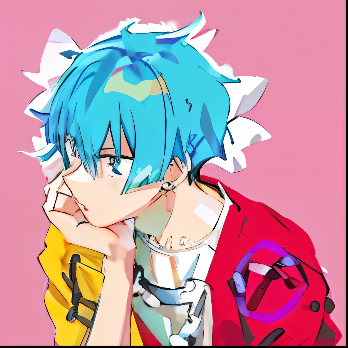 Close-up of a man with blue hair and a red jacket, 2 d anime style, inspired by Kun Can, inspired by Un'ichi Hiratsuka, 2d anime, [ Digital art ]!!, Anime!!!!!!!!!!!!!!!, inspired by Itō Ogura Yonesuke, 8K!, In anime style, 8K!!, made with anime painter studio