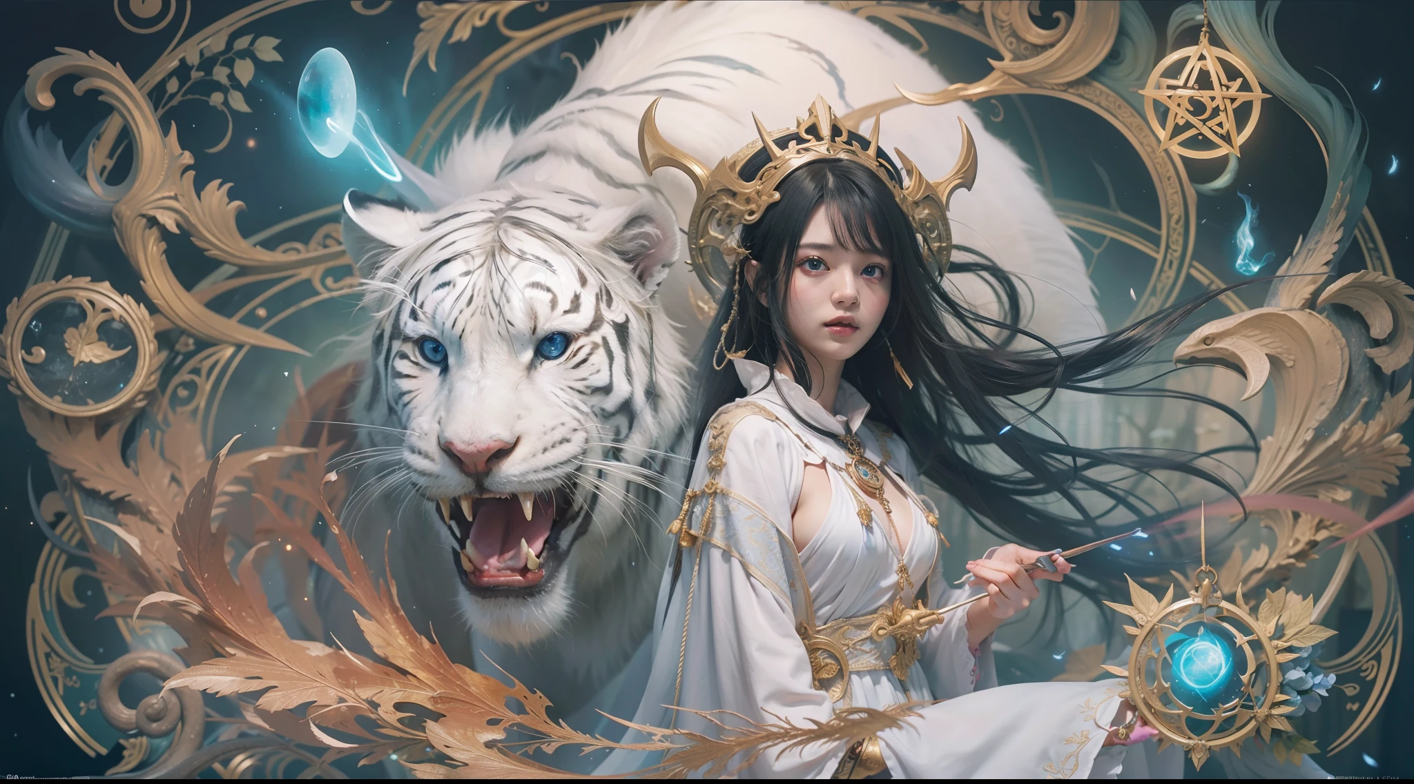 Magic Book,Blood,Night, Dark, (Fantasy),infinite,deep blue sky,The abyss of knowledge,Cowledge,((masutepiece)), (((Best Quality))),((Beautiful fine eyes)),(Eye lashes)、Beautiful girl riding a white tiger、(女の子1人)、Perfect human body structure、Black hair、The long-haired、abyss eyes、glowy skin、oils、small tits、(Bird body、pluma)、Wizard robes、tattered cloth、Realistic coat、Teenchi、elvish、Super delicate CG Unity 32k wallpaper、​masterpiece, ((ultra-detailliert)), ((illustratio)),colourfull,wall-paper,The energy,Unknown terror,Incomprehensible,Around the magic,Magical surroundings,magic wands,Boken,Flying pages,Know everything,Predict the future、Get to know the past、Infinite wisdom、blue flames、Warlock、magic circles、Pentagram、Spells、mantra、Singing magic