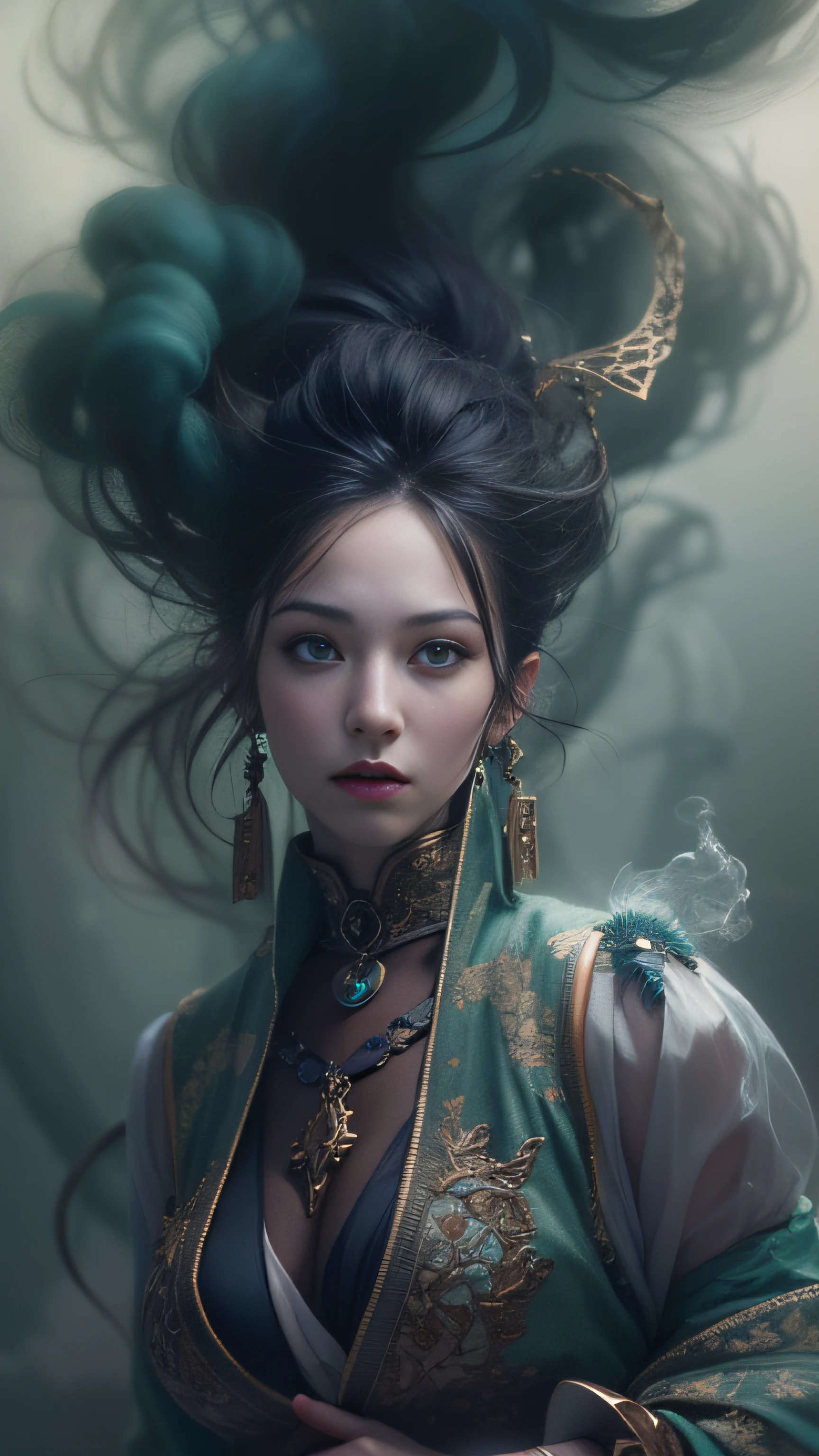 A sexy woman,, Ultra detailed art abstract photography in dark hookah spiral, Lace satin-like flowing smoke like clouds and smoke, Ten billion wild feng shui journey, perfectly proportions, A detailed, art by alberto seveso, Carne Griffith, Wadim Kashin, Jean Baptiste Monge, splashart, ink cloud, dynamic dancing pose, intricately details, carefully, at centre, in frame, dramatic lighting, Popular on CGhSociety, iintricate, Epic, Popular on artstation, highly detailed, TanvirTamim, with dynamism, Make movie character renderings, Ultra high quality, 8K