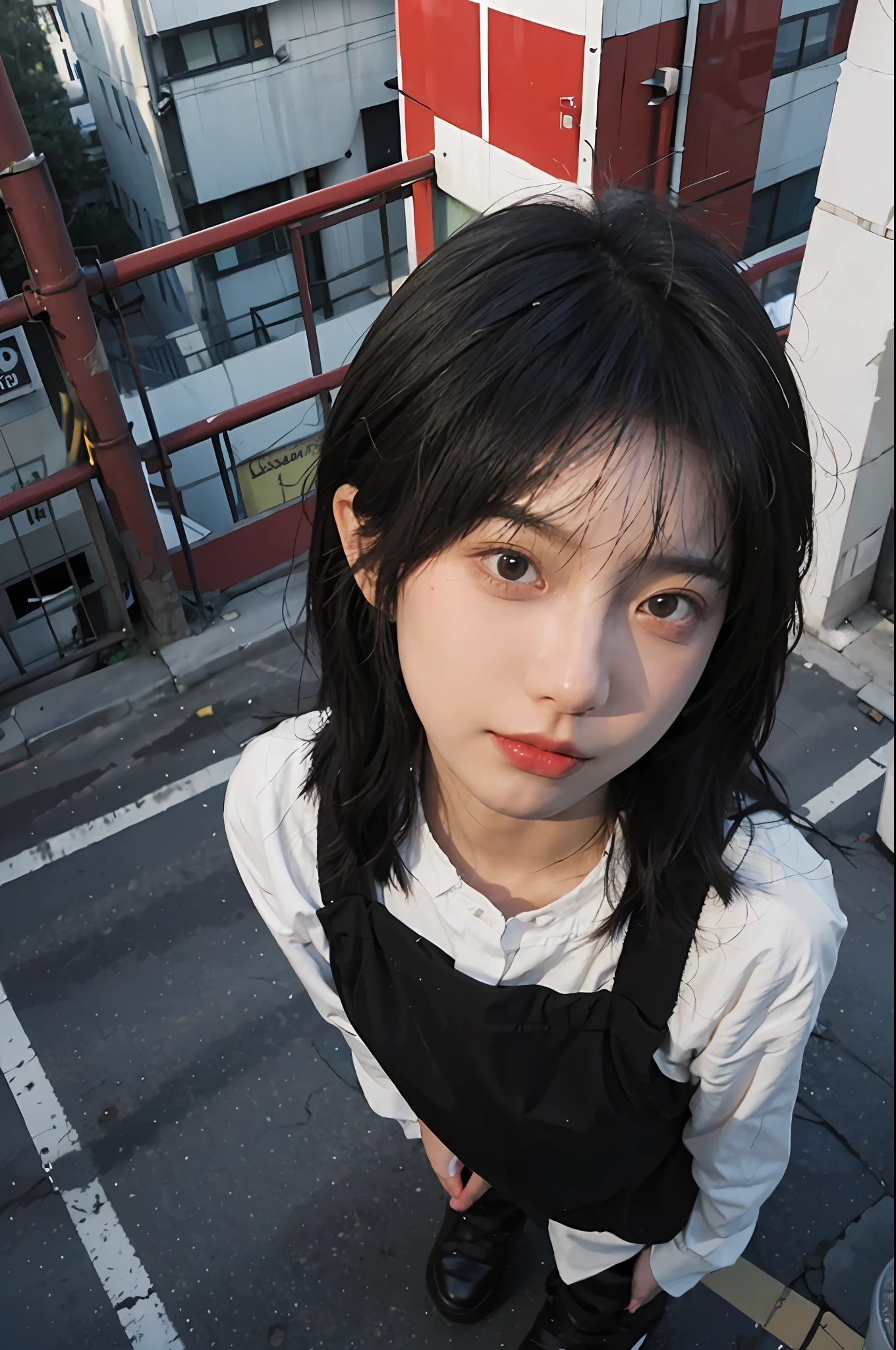 （8K，best qualtiy，tmasterpiece：1.2），（realisticlying，realisticlying，photo-realistic：1.37），1girll，Hyper-detailing，beatiful detailed eyes，Beautiful detail nose，Suspenders，seductiv，（（standing on your feet）），Rooftop，railing，small town，Tower，telephone poles，plant，The perspective starts from the front
