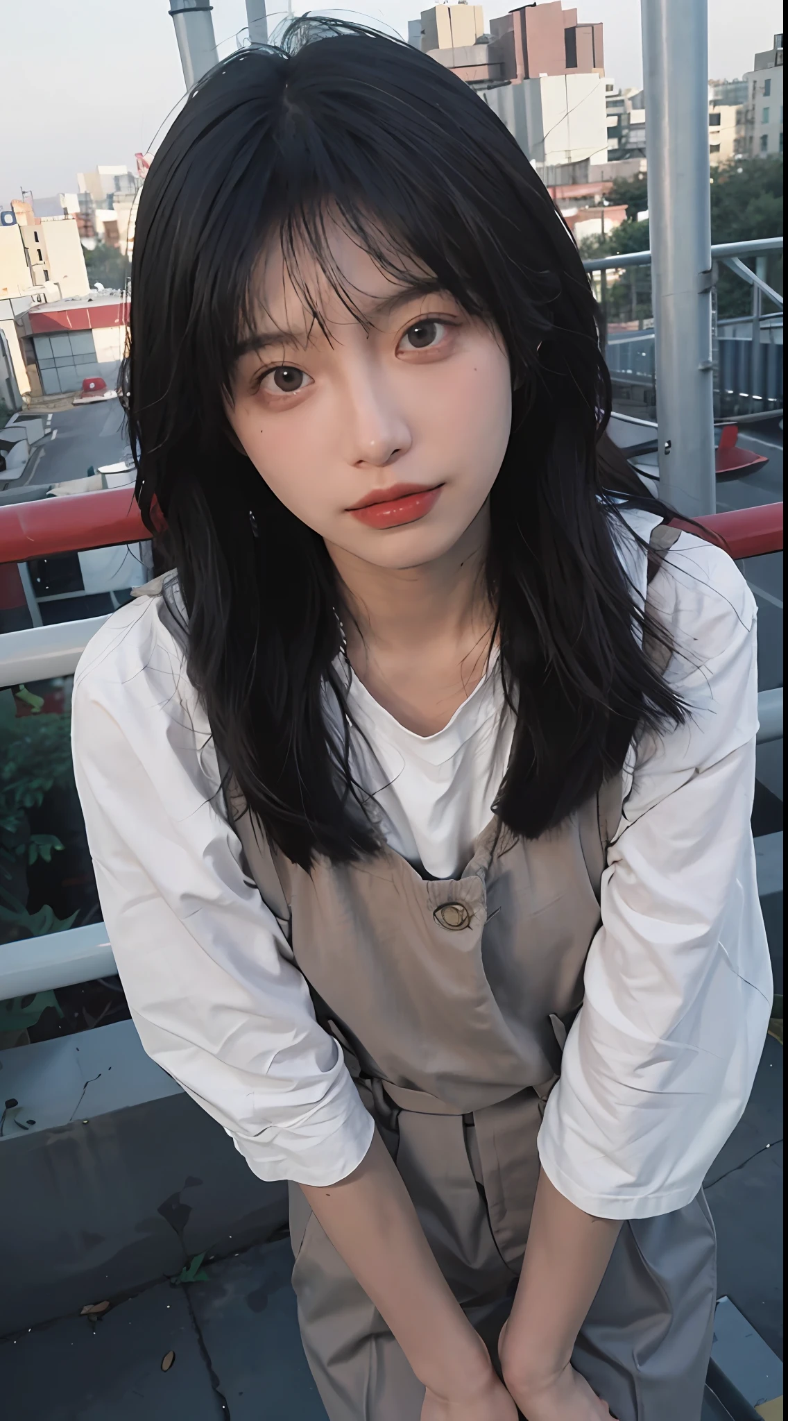 (8K,best qualtiy,tmasterpiece:1.2),(realisticlying,realisticlying,photo-realistic:1.37),1girll,Hyper-detailing,beatiful detailed eyes,Beautiful detail nose,Suspenders,upperbody closeup,seductiv,((standing on your feet)),Rooftop,railing,small town,Tower,telephone poles,plant,The viewing angle is from the front