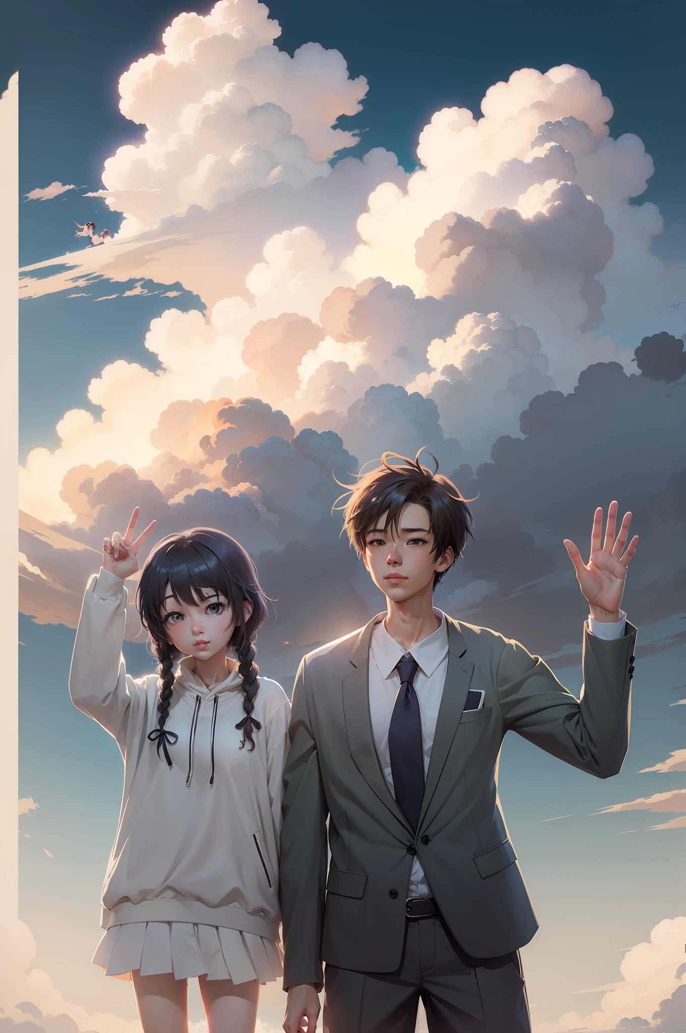 Anime couple in the sky background field, Anime Cloud, Guweiz e Makoto Shinkai, sakimichan and makoto shinkai, in the style of makoto shinkai, beautifull puffy clouds. Anime, Fiona Staples e Makoto Shinkai, Makoto Shinkai and Artgerm, High-quality fanart, happy clouds behind