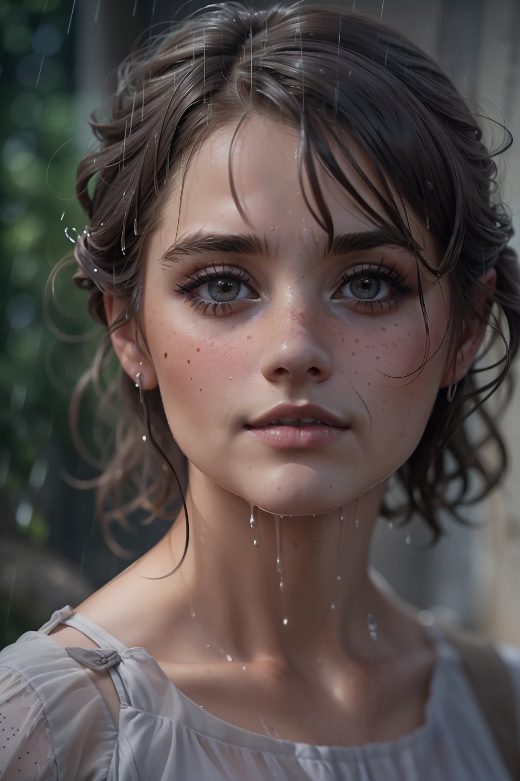 ((Jenna Coleman)), ((she harvests grapes)), ((Sommersprossen)), ((she has round breasts)), (kleiner Kopf), ((detailliertes Gesicht)), Weiches filmisches Licht, ((((Kino-Look)))), (fotorealistisch), (Raytracing), (scharfer Fokus), ((natural realistic skin texture)), detailliertes Gesicht, detaillierte Lippen, detaillierte Augen, doppeltes Augenlid, ((she wears a grey cotton sheath dress)), ((kurzes Kleid)), ((wet hair)), ((wet clothing)), (its raining), ((photorealistic skin)), ((freckles))