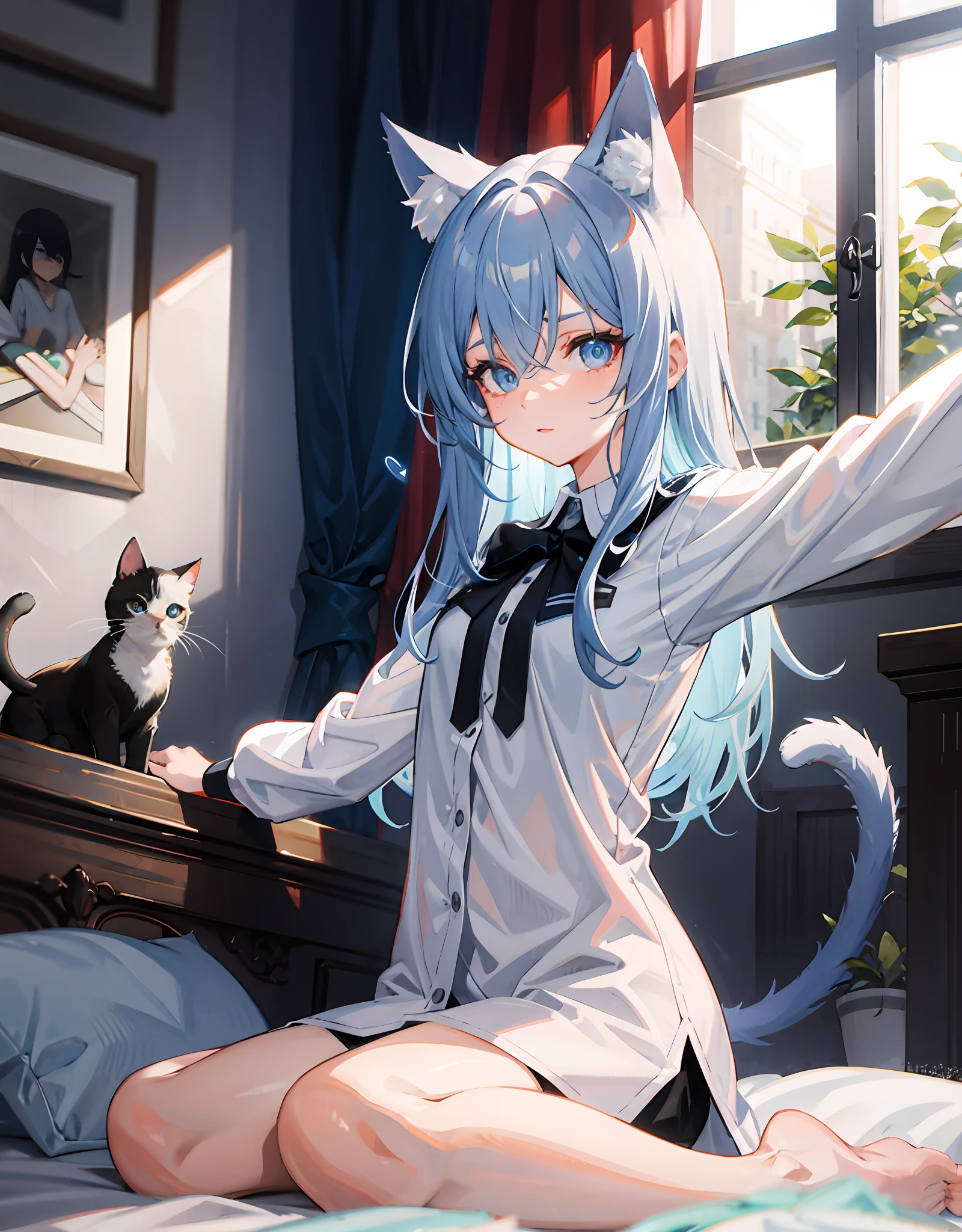 masutepiece,Best Quality,ultra-detailliert,Two hands,Two legs,Five Fingers,best faces,1 girl,Blue Long Hair,timid,Cat ears,pale blue eyes, Height 145cm,small tits,Big shirt,Yawn, Stretch your body,Close one eye,Teary-eyed, Sit on the bed,light coming through the window,Cat tail,Infant face