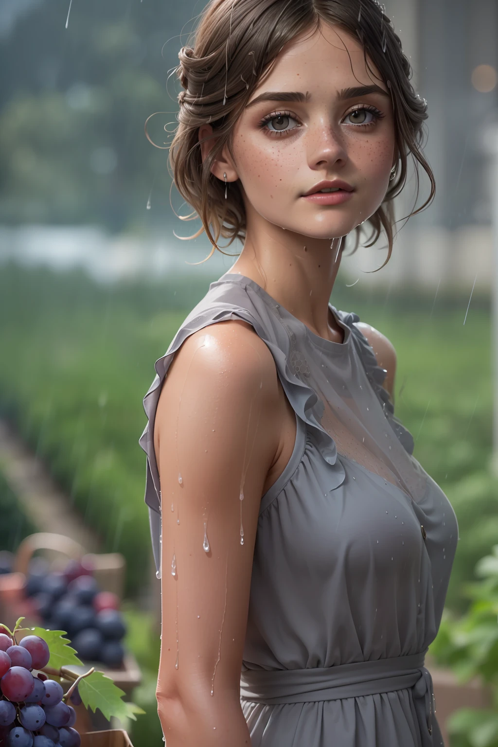 ((Jenna Coleman)), ((she harvests grapes)), ((Sommersprossen)), ((she has round breasts)), (kleiner Kopf), ((detailliertes Gesicht)), Weiches filmisches Licht, ((((Kino-Look)))), (fotorealistisch), (Raytracing), (scharfer Fokus), ((natural realistic skin texture)), detailliertes Gesicht, detaillierte Lippen, detaillierte Augen, doppeltes Augenlid, ((she wears a grey cotton sheath dress)), ((kurzes Kleid)), ((wet hair)), ((wet clothing)), (its raining), ((photorealistic skin)), ((freckles))