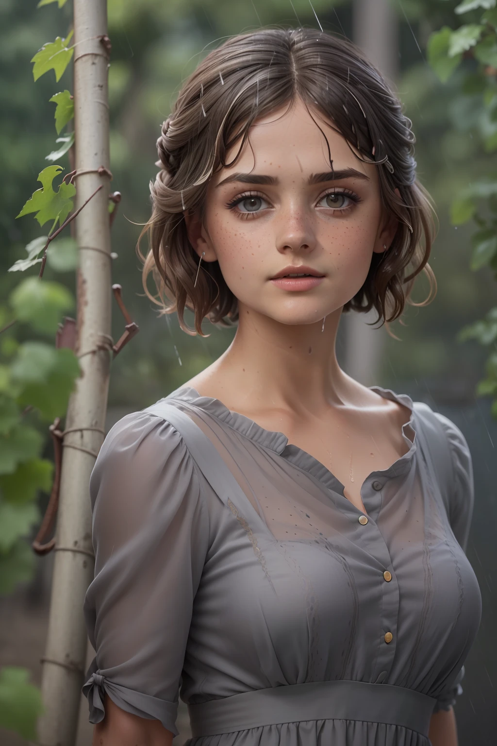 ((Jenna Coleman)), ((standing between grapevines)), ((Sommersprossen)), ((she has round breasts)), (kleiner Kopf), ((detailliertes Gesicht)), Weiches filmisches Licht, ((((Kino-Look)))), (fotorealistisch), (Raytracing), (scharfer Fokus), ((natural realistic skin texture)), detailliertes Gesicht, detaillierte Lippen, detaillierte Augen, doppeltes Augenlid, ((she wears a grey cotton sheath dress)), ((kurzes Kleid)), ((wet hair)), ((wet clothing)), (its raining), ((photorealistic skin)), ((freckles))