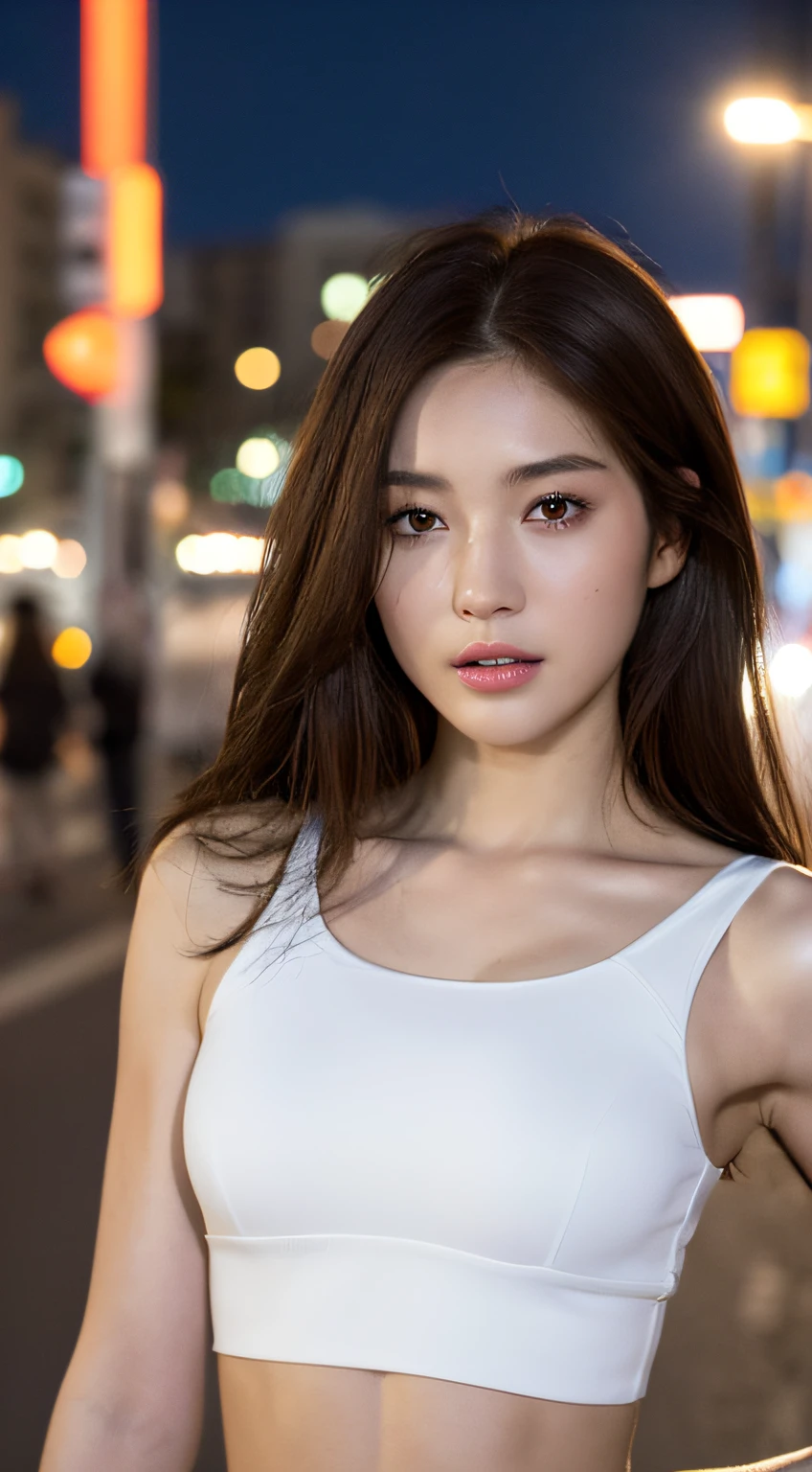 ((Realistic lighting, Best quality, 8K, Masterpiece: 1.3)), Clear focus: 1.2, 1girl, Perfect Figure: 1.4, Slim Abs: 1.1, ((Dark brown hair)), (White crop top: 1.4), (Outdoor, Night: 1.1), City streets, Super fine face, Fine eyes, Double eyelids,