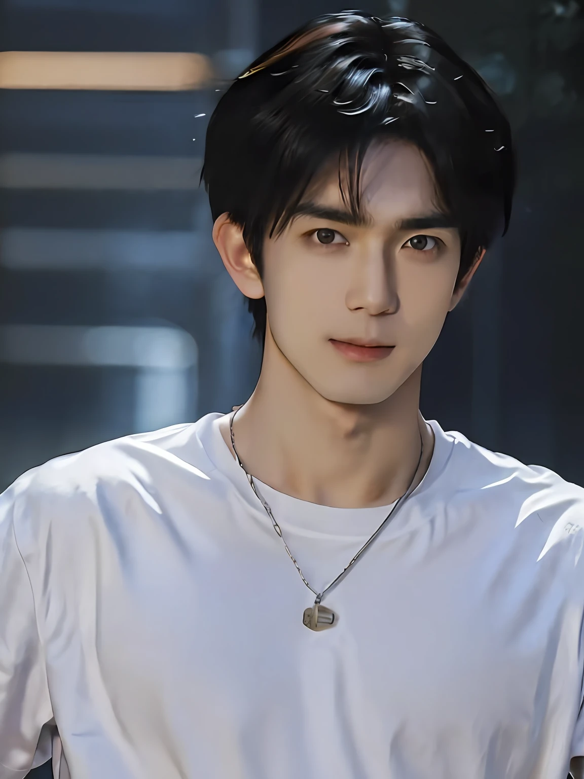 realistic，photorealistic, artstation, detailed eyes, detailed face, 4 K,bodybuilder, muscular boy, teenage boy, male, (white T-shirt), black hair, (short hair in a fringe),cool haircut, (biggest chest: 1.3), perky juicy pecs,vast muscular chest, (close-up face: 1.2), fair skin, handsome and goodlooking boy, gentle smile, gazing at the camera, (walk down the street:1.5), cyberpunk, , Impressionistic style, , thick eyebrows, parted lips, huge ahoge, (asymmetrical bangs), very short hair,broad shoulder