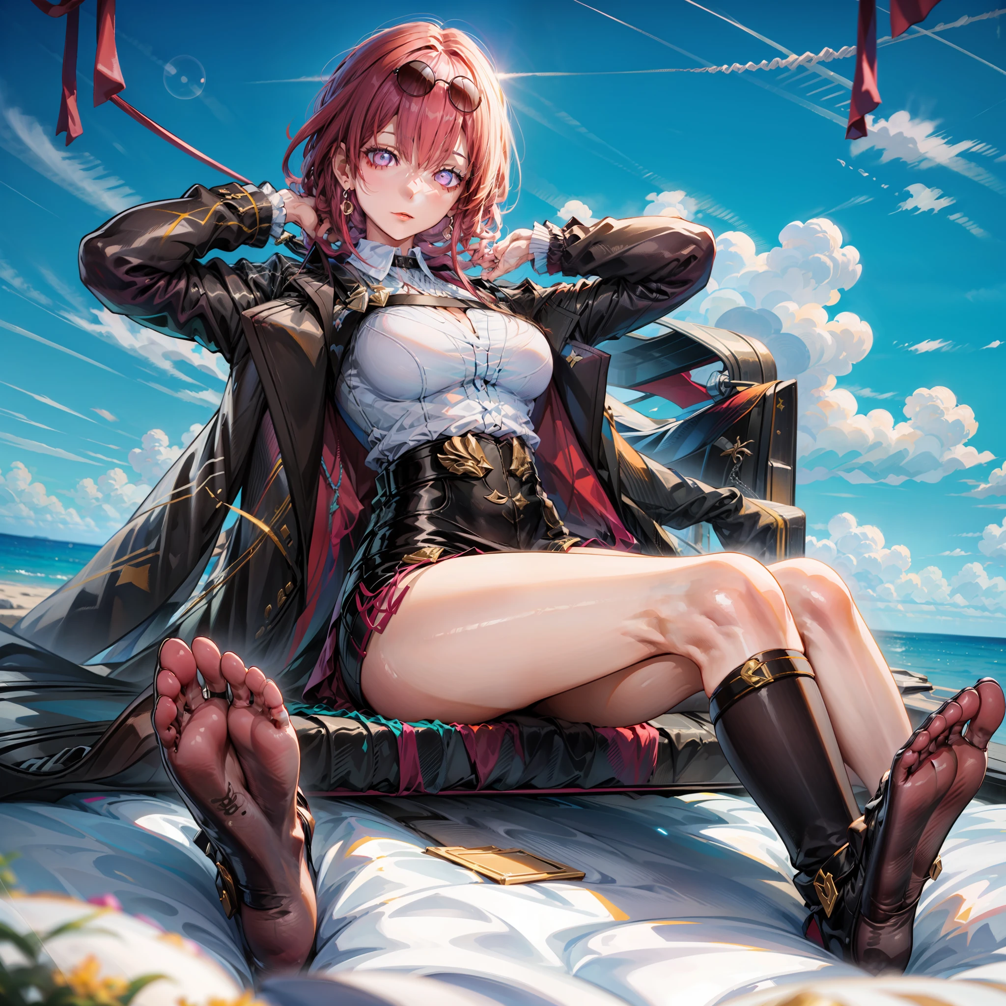 Raise your legs and hang in the air,Expose the soles of your feet、Lie down with your hips turned away、soles of feet、M-shaped legs、Woman opening her legs、Clothes melting、