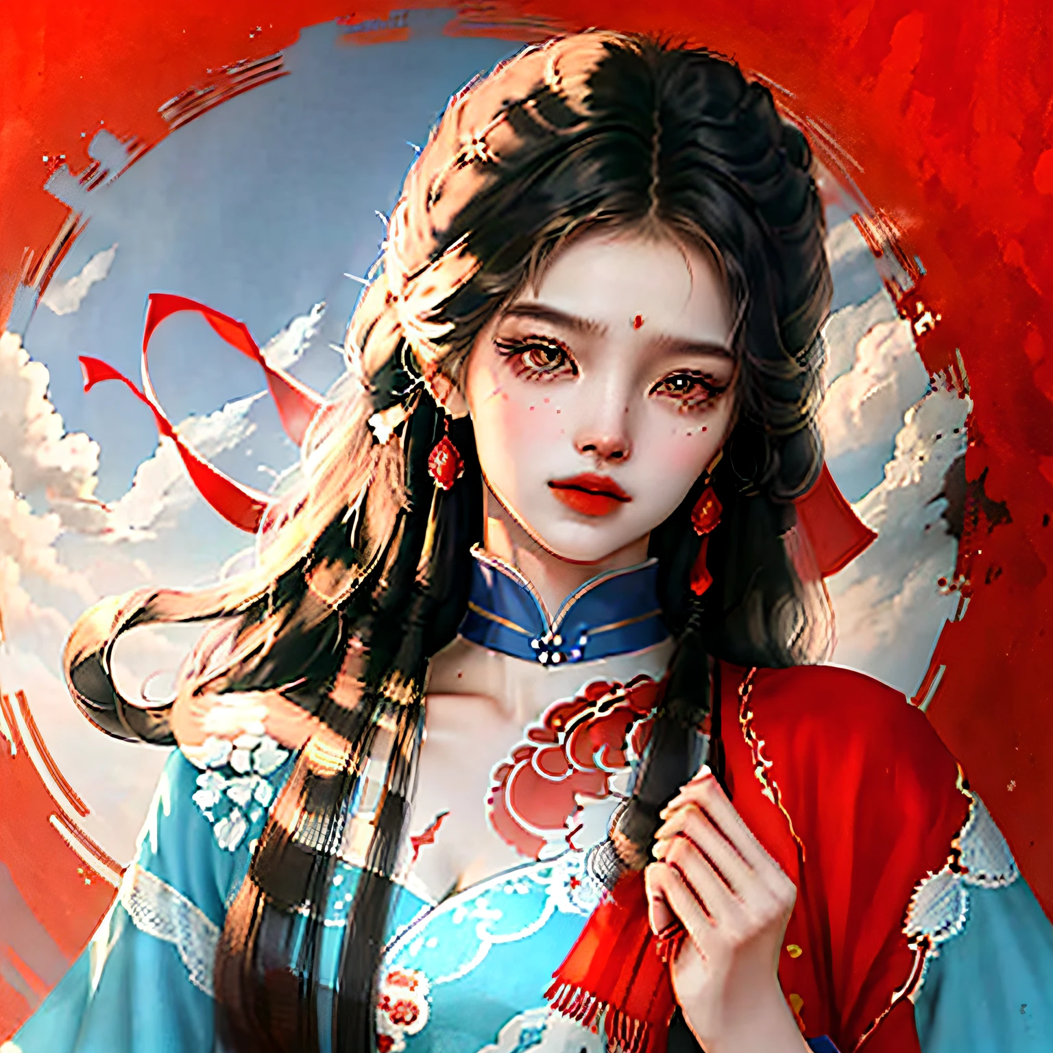 National style,Chinese red background,A long-haired royal sister,the great wall,high qulity,black color hair,Blue sky,Dressed in red,With a red scarf,Long legs --auto