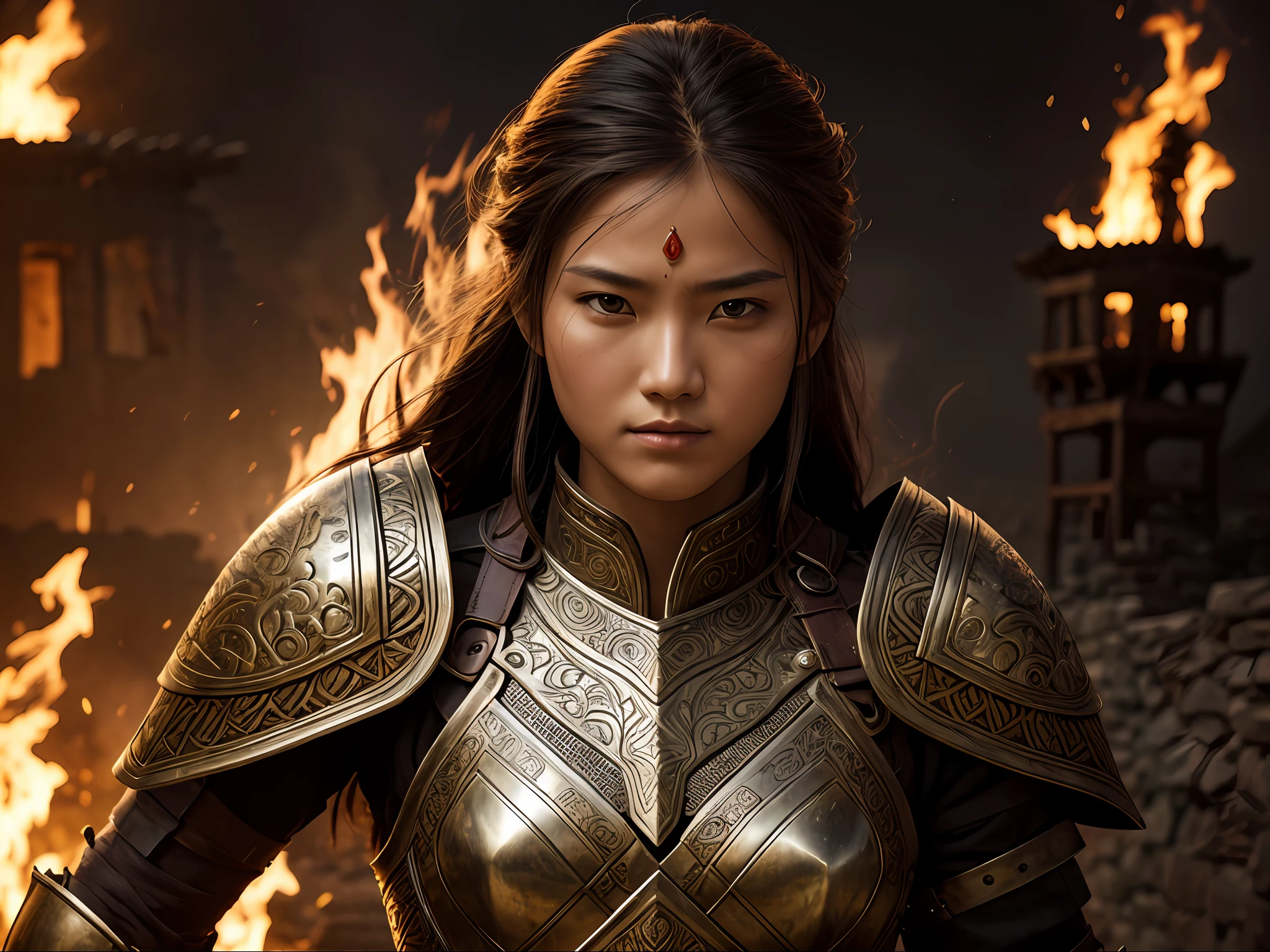 a photo of female warrior, intricate armor, burning village, detailed face