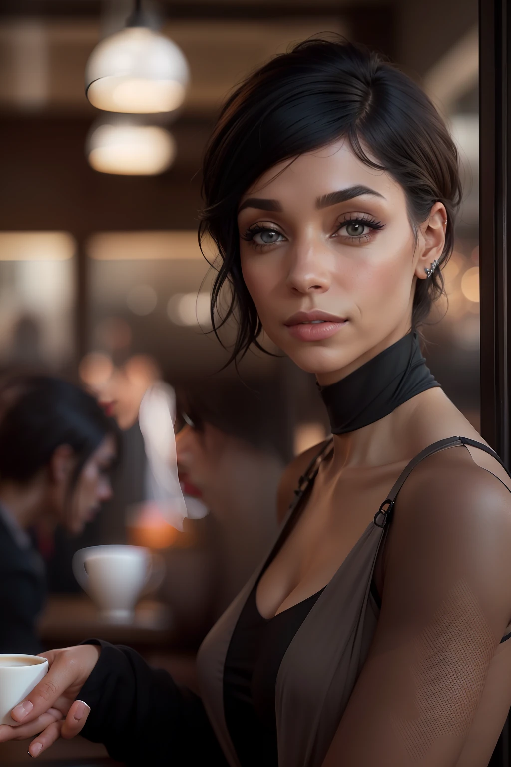 ((Tamara Taylor)), (sie steht neben einem Cafe), (she wears a black pencil dress) ((she has round breasts)), ((elegant)), ((schwarze Haare als Bob-Frisur)), (kleiner Kopf), ((detailliertes Gesicht)), Weiches filmisches Licht, ((((Kino-Look)))), (fotorealistisch), (Raytracing), (scharfer Fokus), ((natural realistic skin texture)), detailliertes Gesicht, detaillierte Lippen, detaillierte Augen, doppeltes Augenlid, (photorealistic skin), (side_view_perspective)